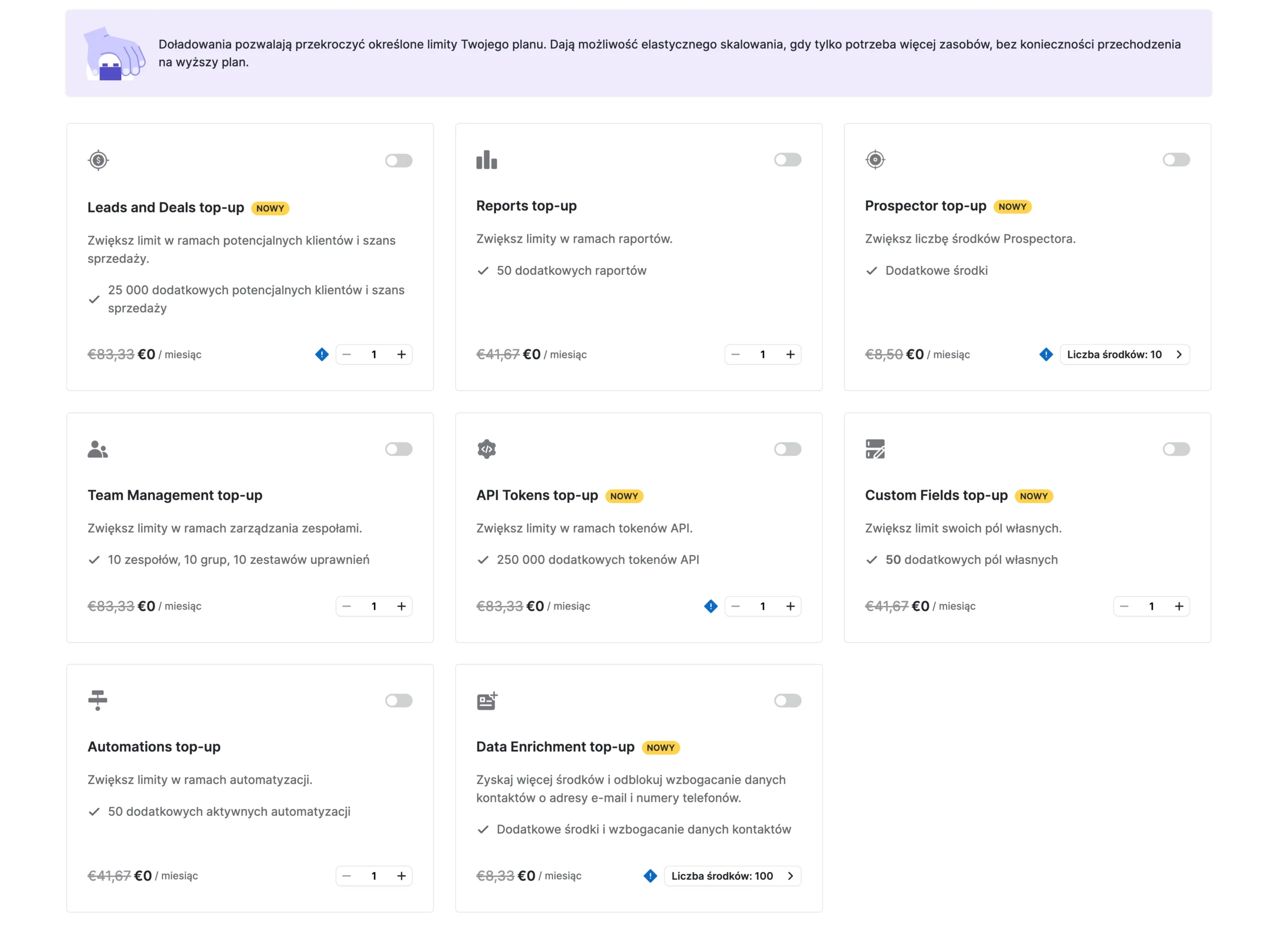 doładowania do planu pipedrive crm