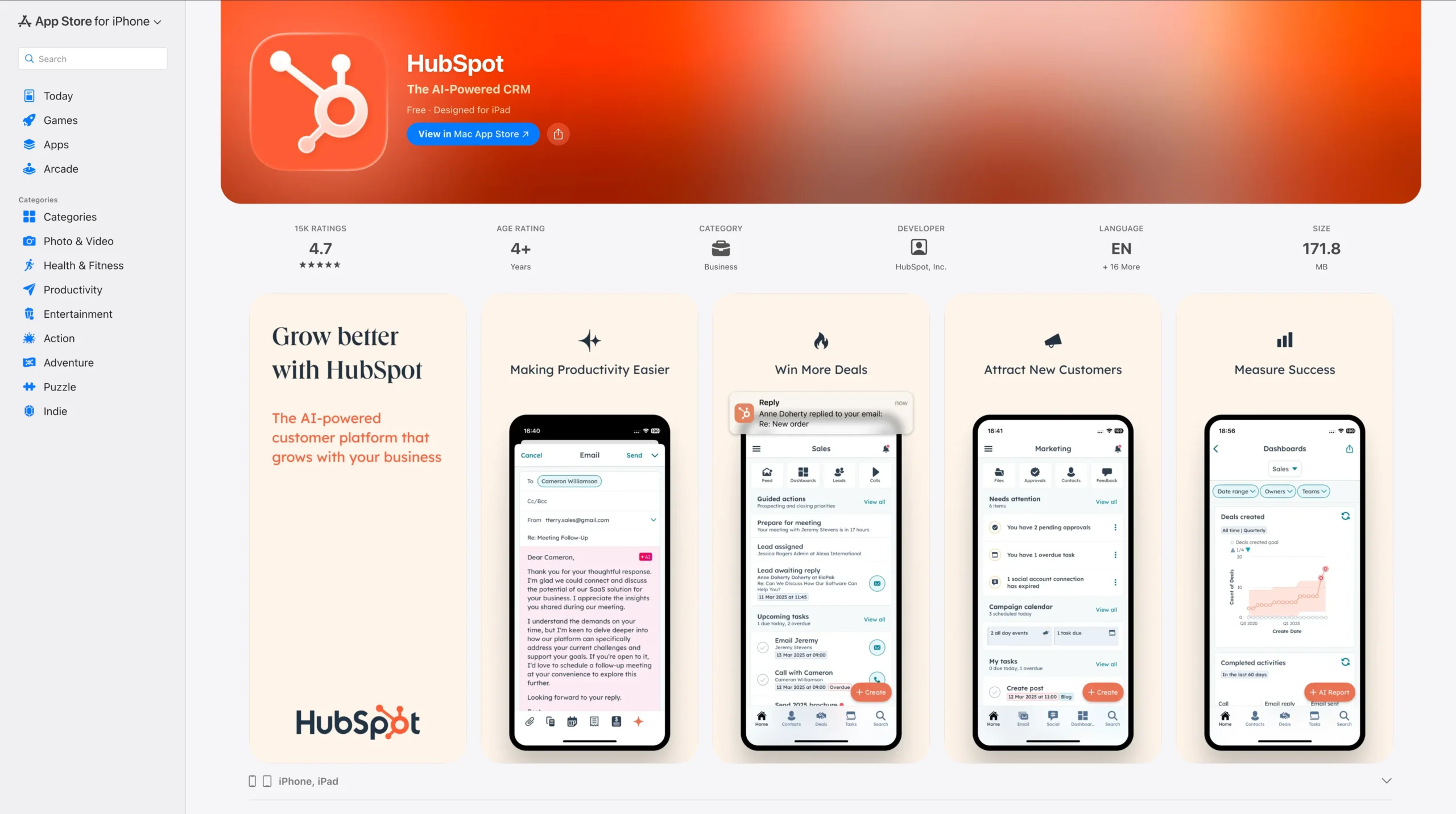 aplikacja mobilna hubspot w appstore