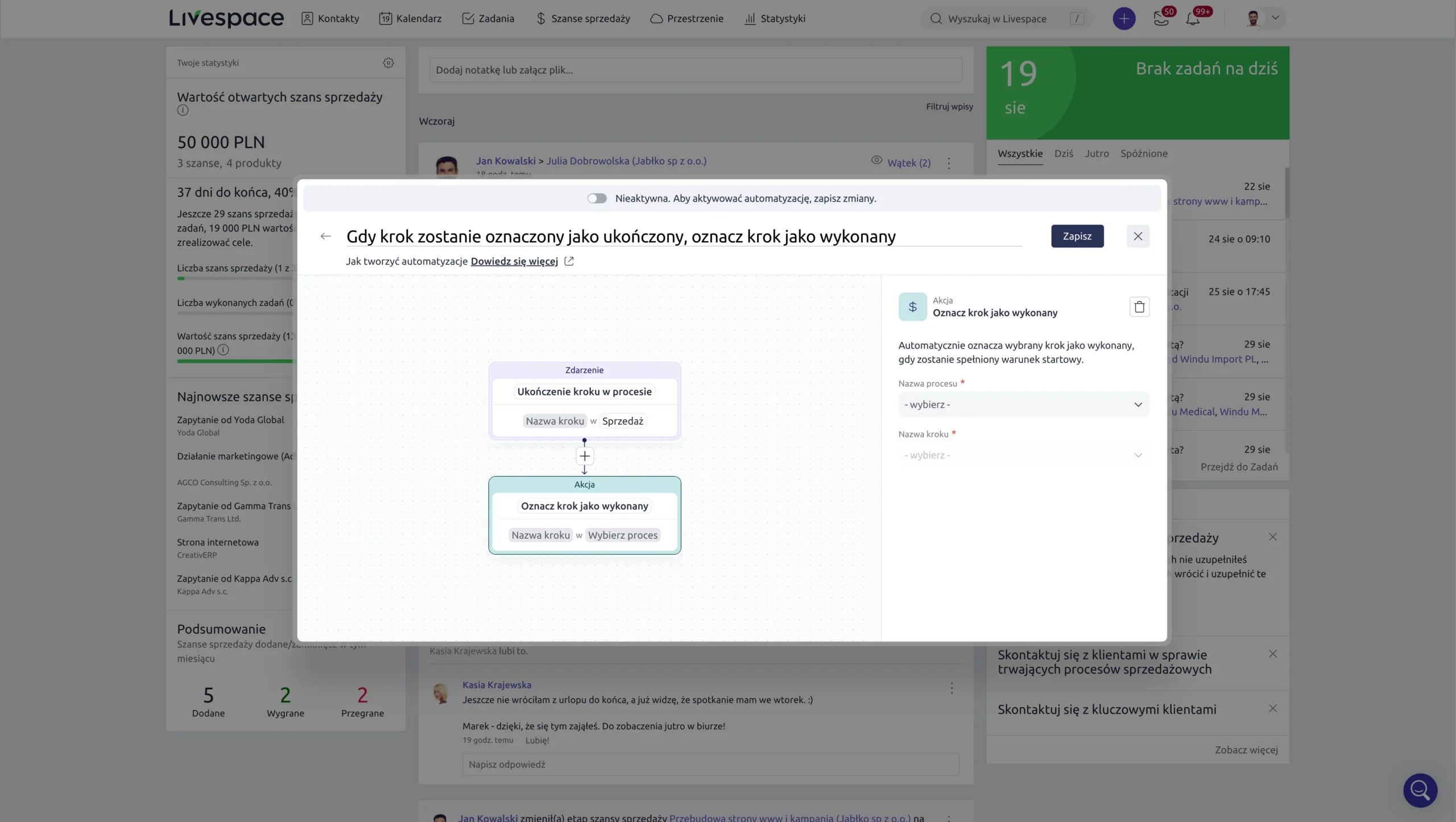 automatyzacja procesów w livespace - przykład tworzenia automatyzacji w edytorze