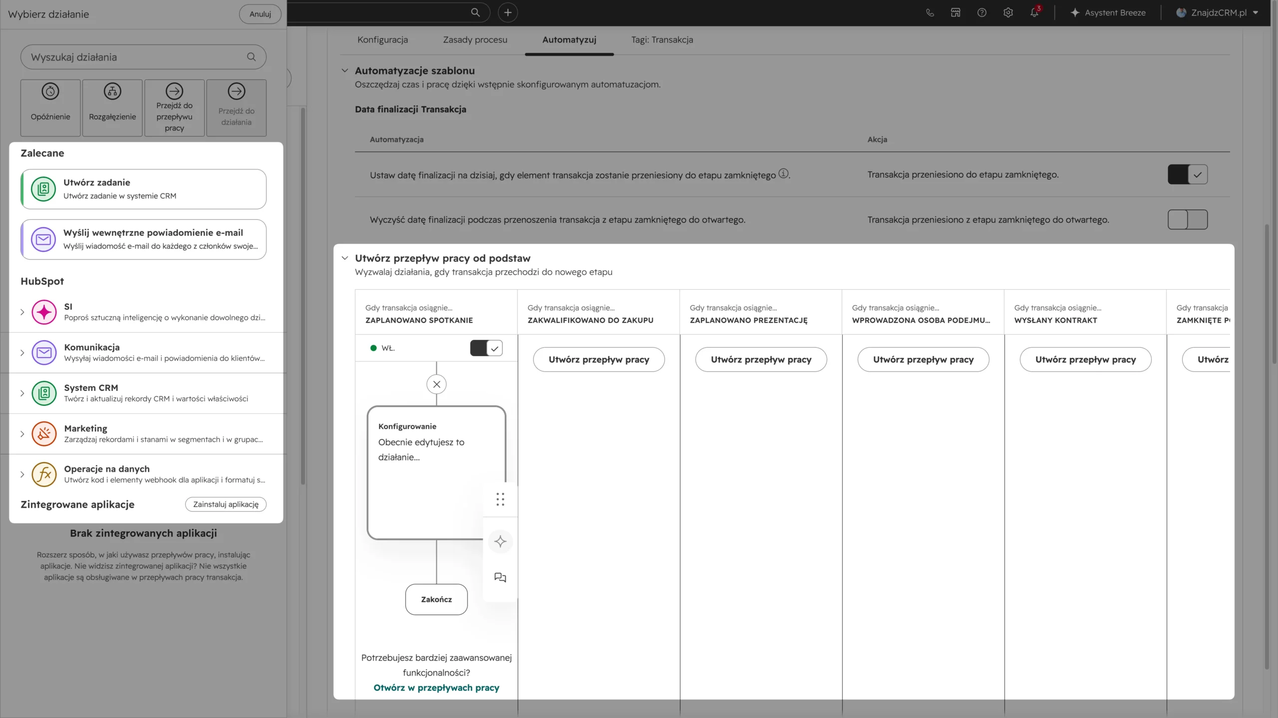 automatyzacja przepływu pracy w procesie sprzedaży w hubspot crm - konfiguracja