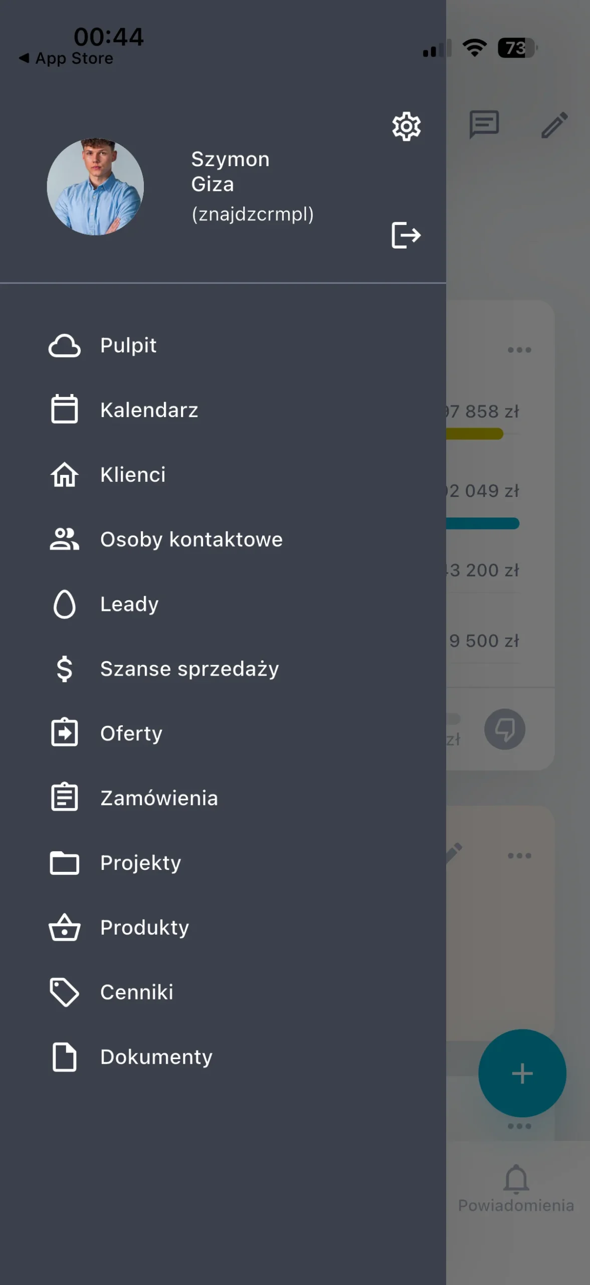 boczne menu w aplikacji mobilnej raynet crm