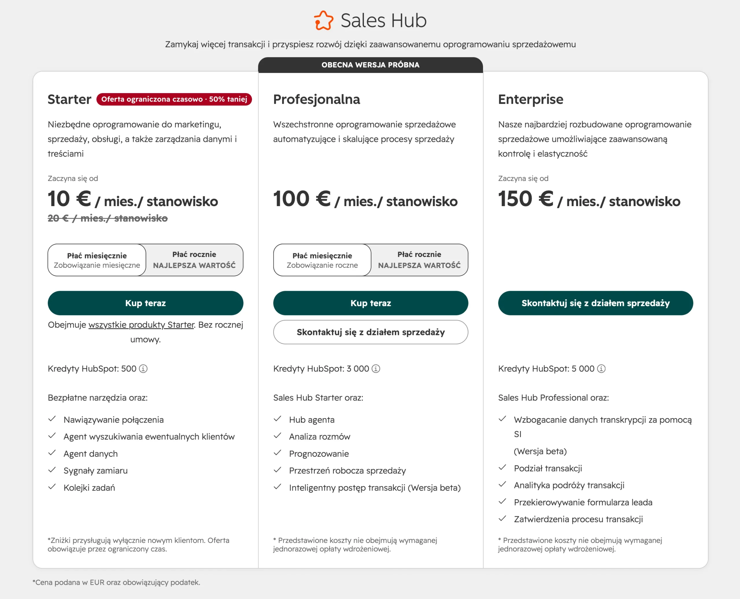cennik hubspot sales hub