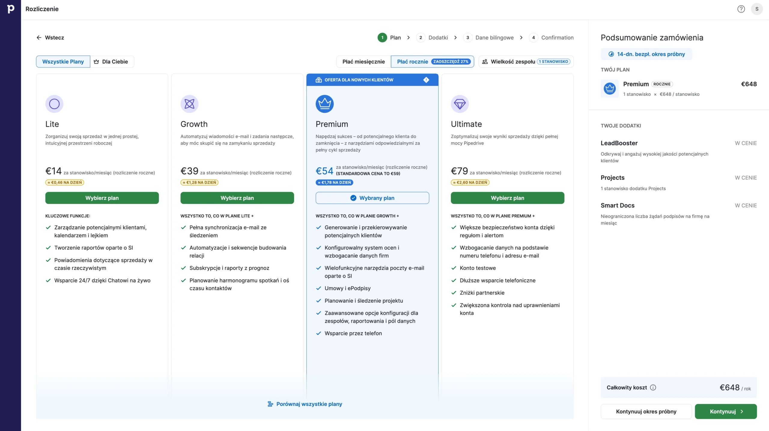 cennik pipedrive crm - zakup planu - rozliczenie