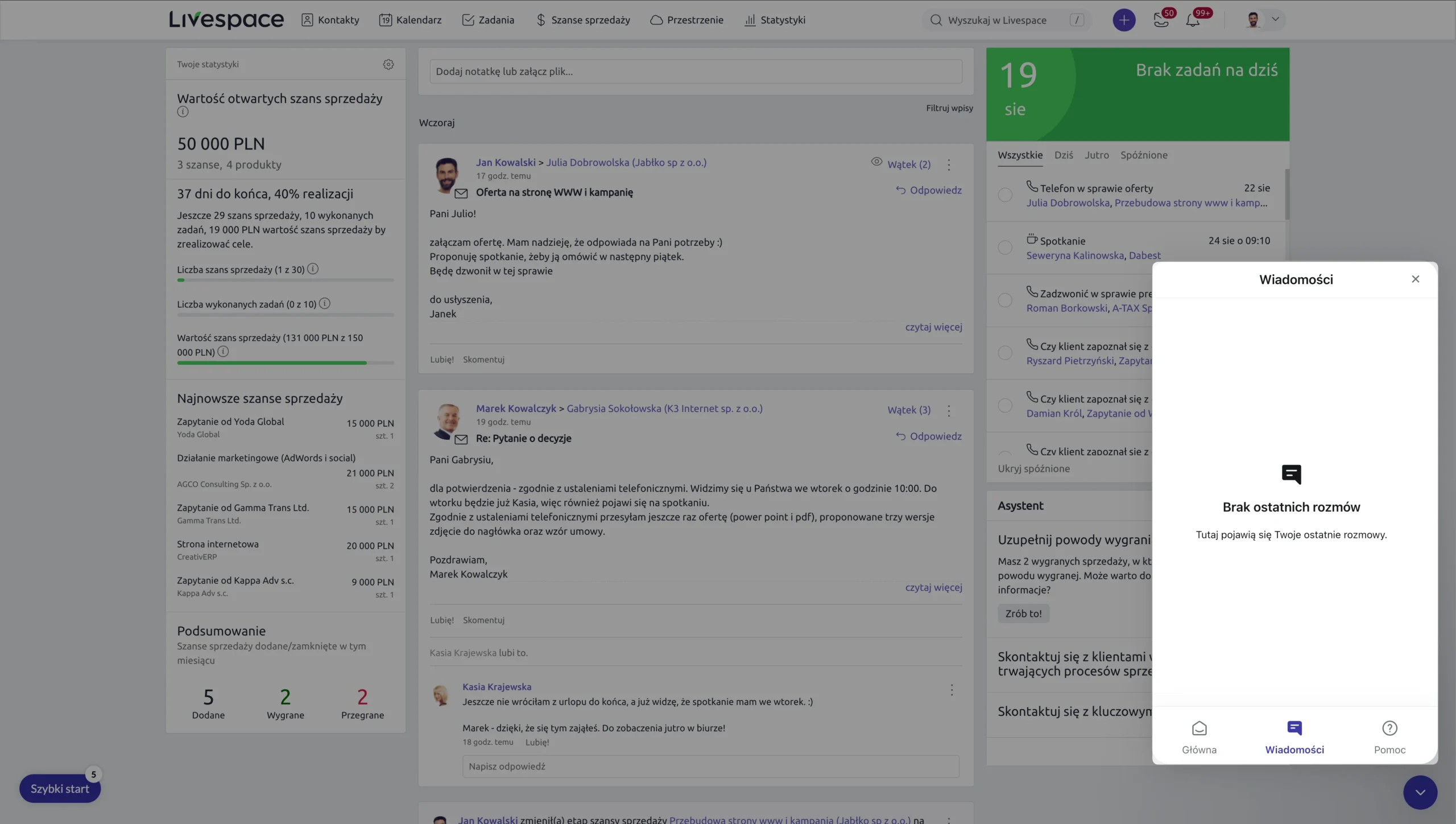 czat na żywo w livespace - pomoc i obsługa klienta wewnętrz systemu crm
