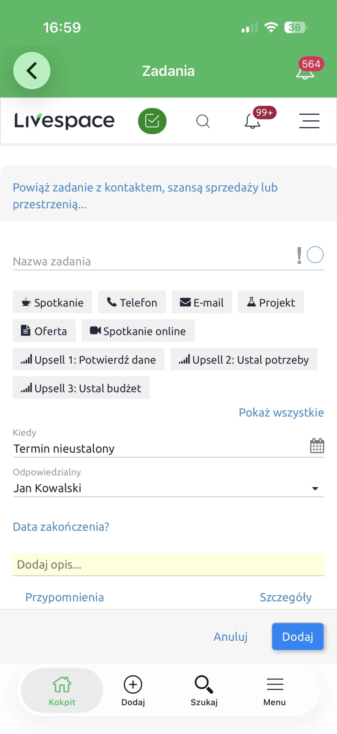 dodawanie nowych zadań w w aplikacji mobilnej livespace crm