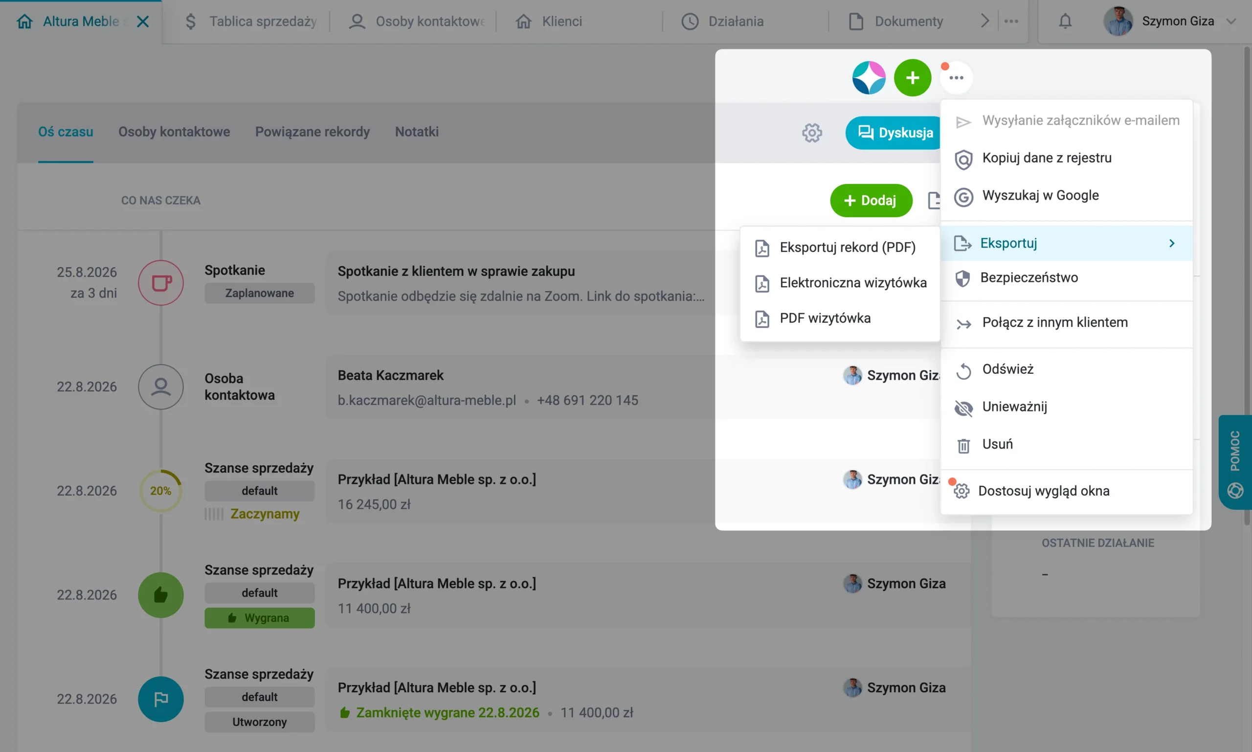 eksportowanie karty klienta w raynet crm do pliku pdf
