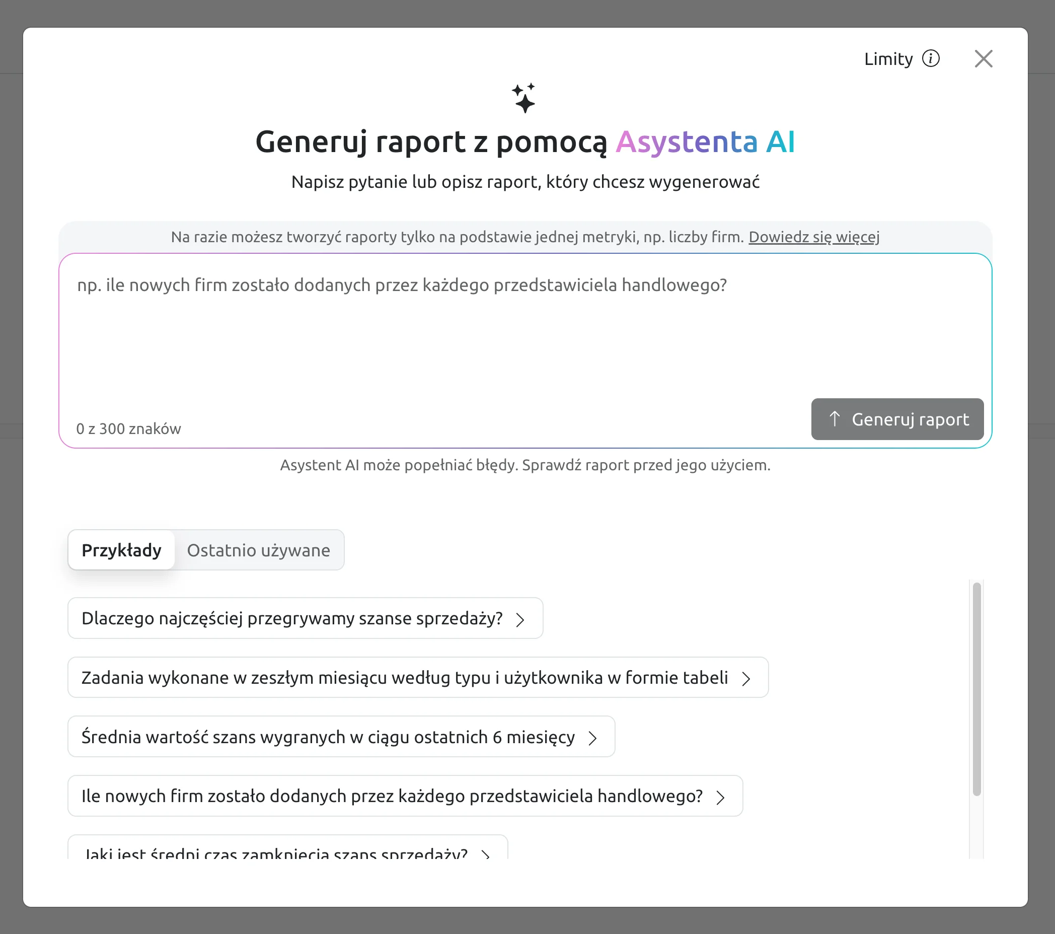 funkcja generowania raportów za pomocą ai w livespace crm - interfejs modułu z przykładowymi pytaniami