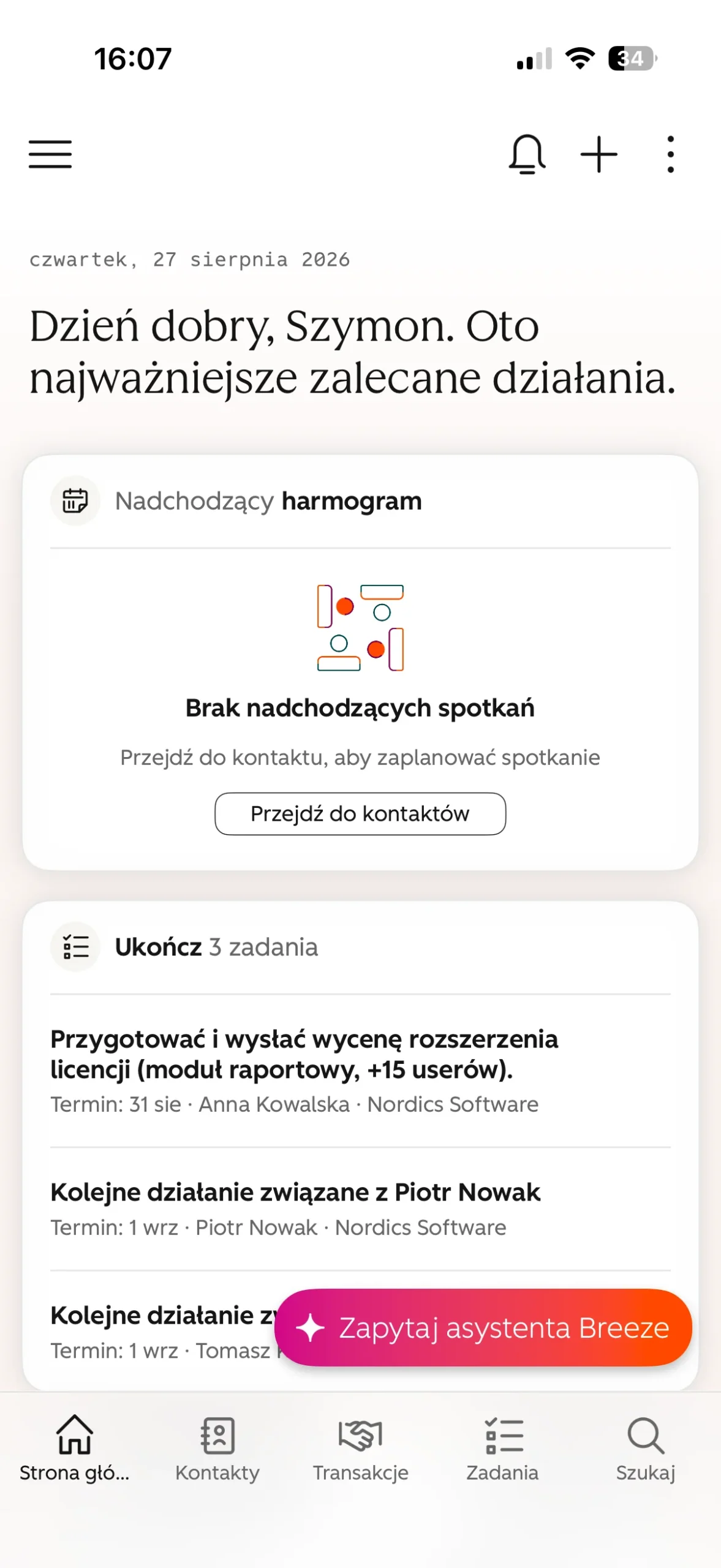 główny pulpit aplikacji mobilnej hubspot
