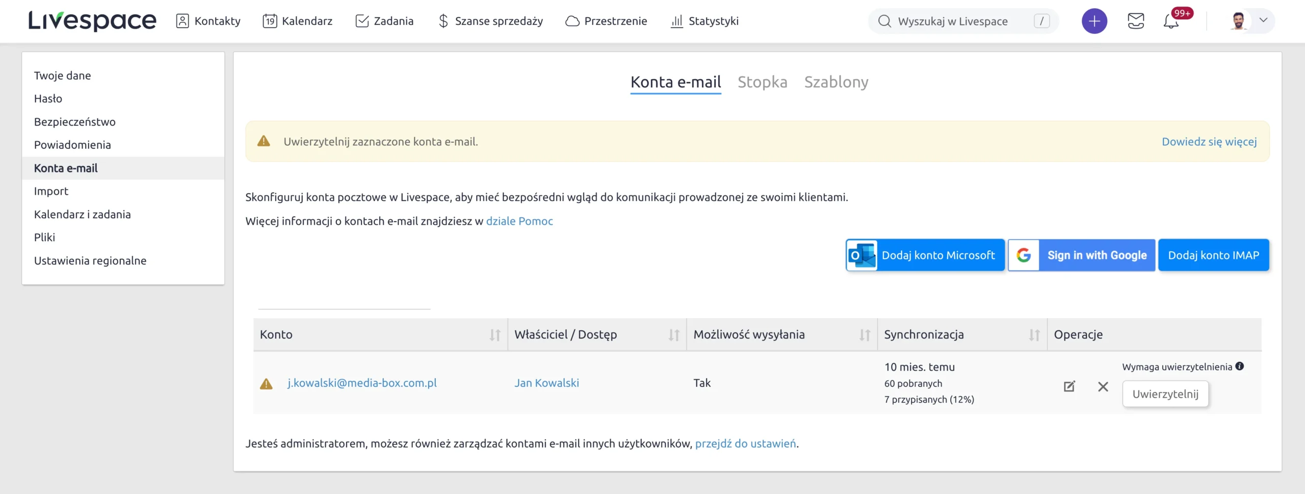 integracja poczty e-mail w livespace - opcje i przykładowa skrzynka pocztowa