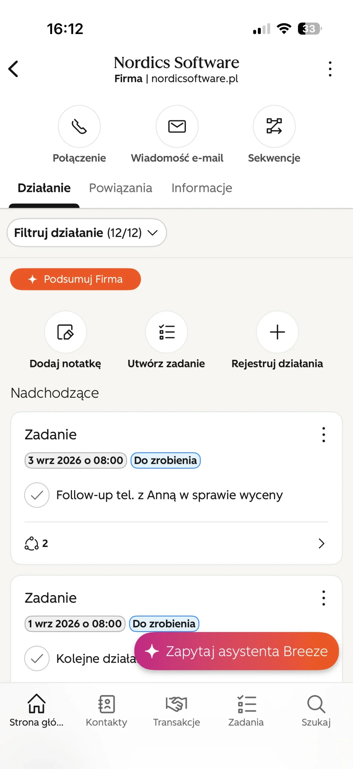 karta firmy w aplikacji mobilnej hubspot