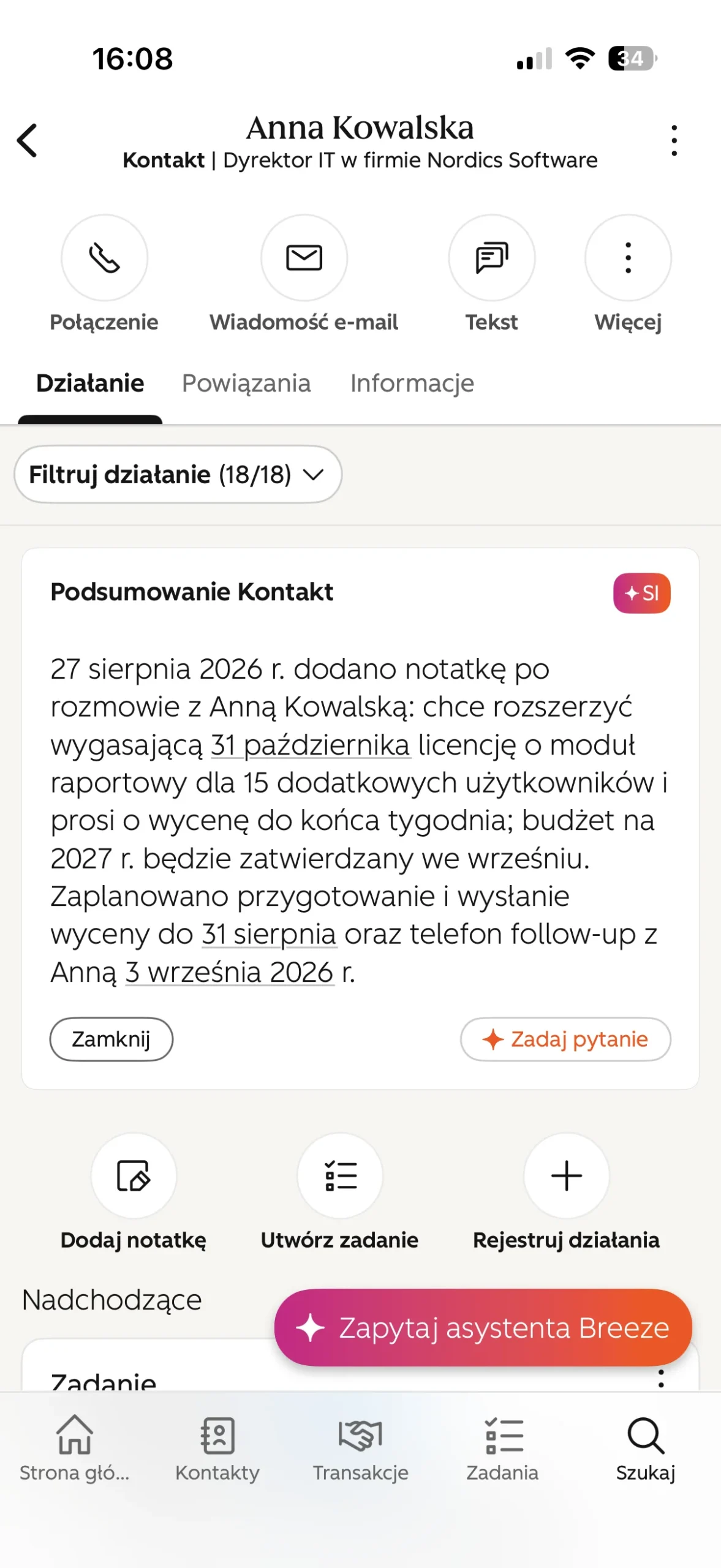 karta kontaktu w aplikacji mobilnej hubspot