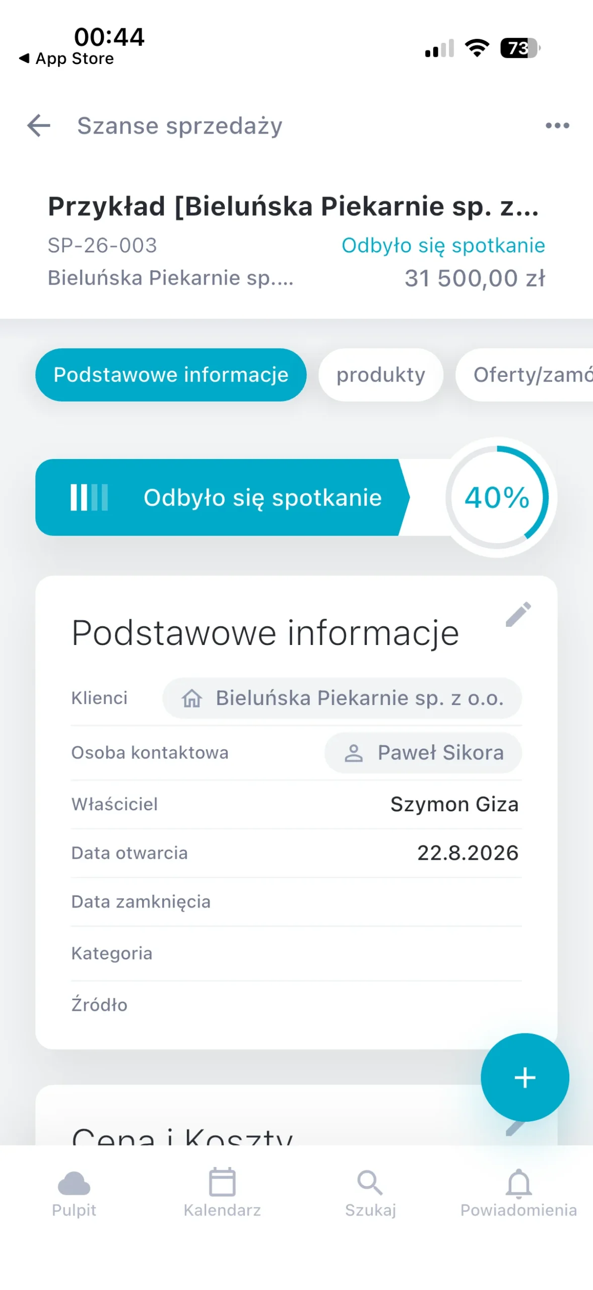 karta szansy sprzedaży w aplikacji mobilnej raynet