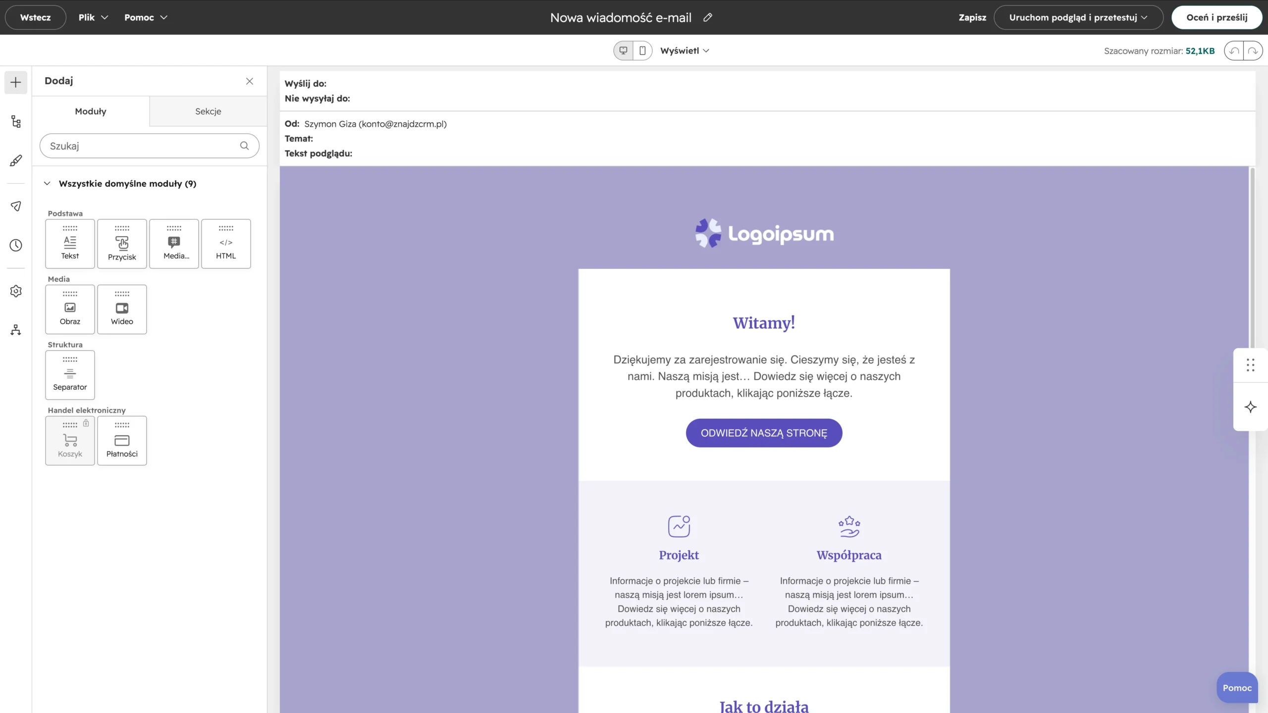 kreator newsletterów w hubspot crm - interfejs edytora wizualnego