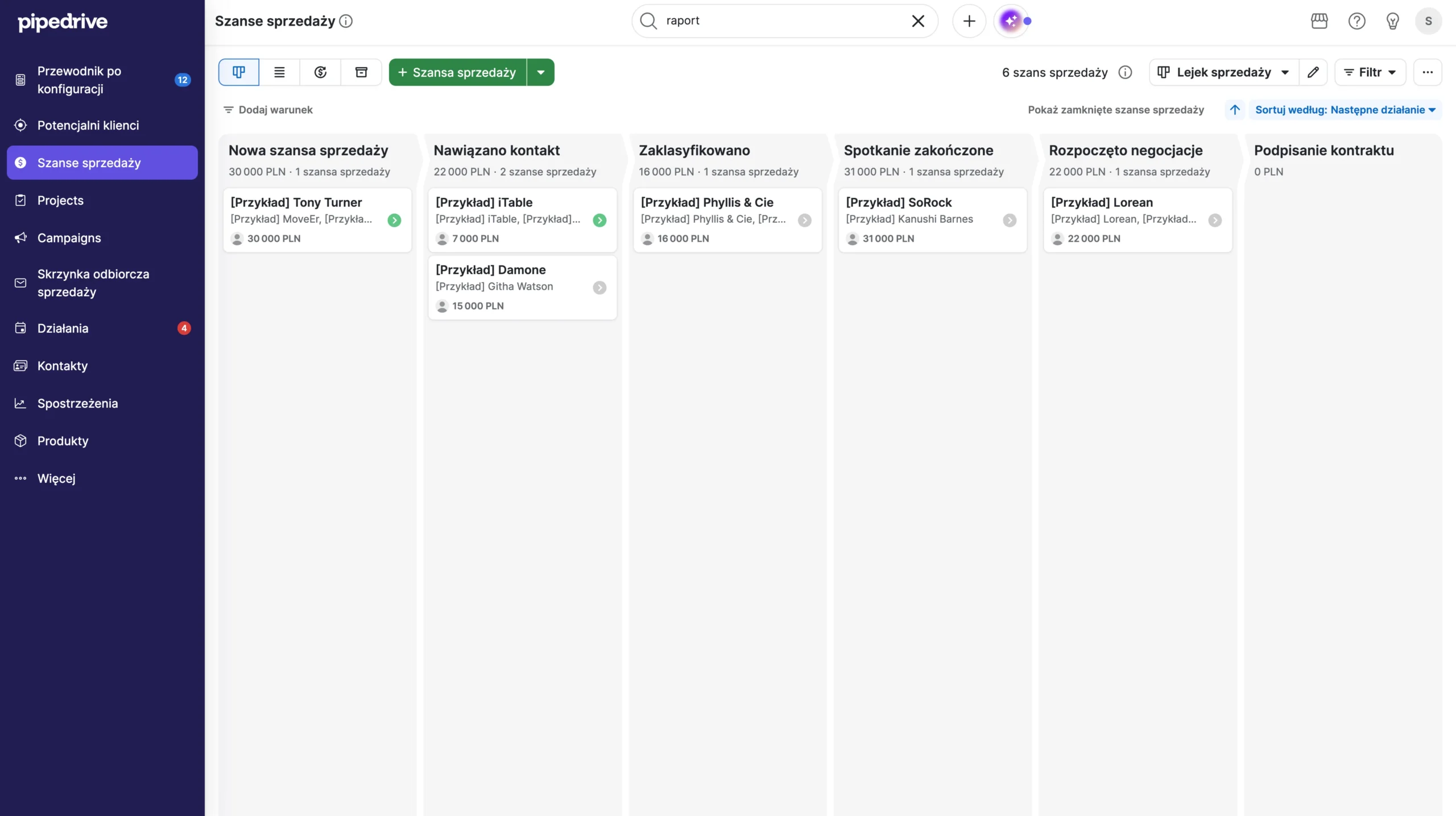 moduł szanse sprzedaży w pipedrive crm - przykadowe dane - interfejs systemu