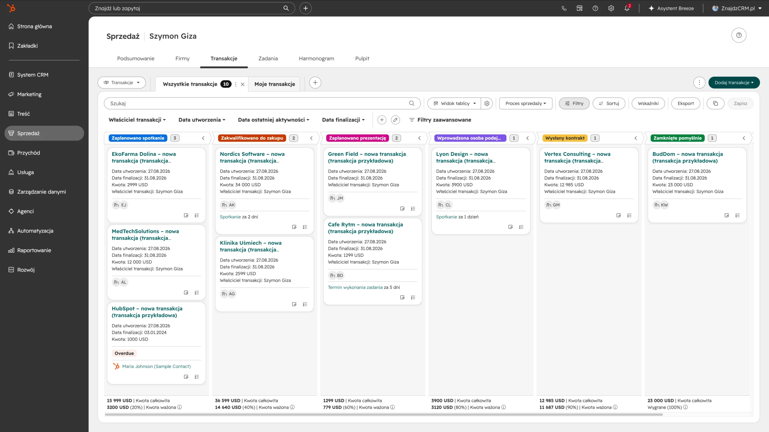 moja przykładowa tablica kanban z procesem sprzedaży i transakcjami (szans esprzedaży) w hubspot crm