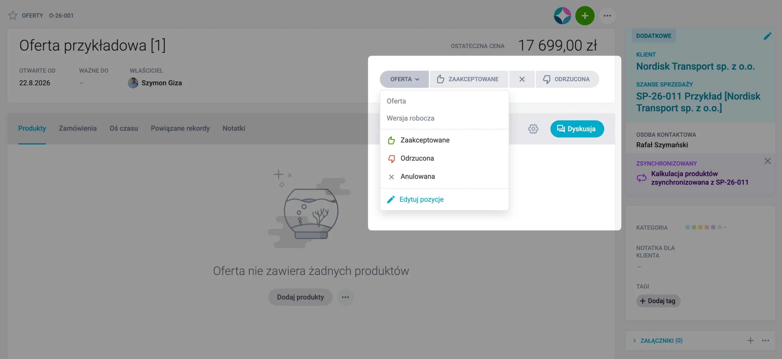 nadawanie statusów ofercie sprzedażowej dla klienta w raynet crm