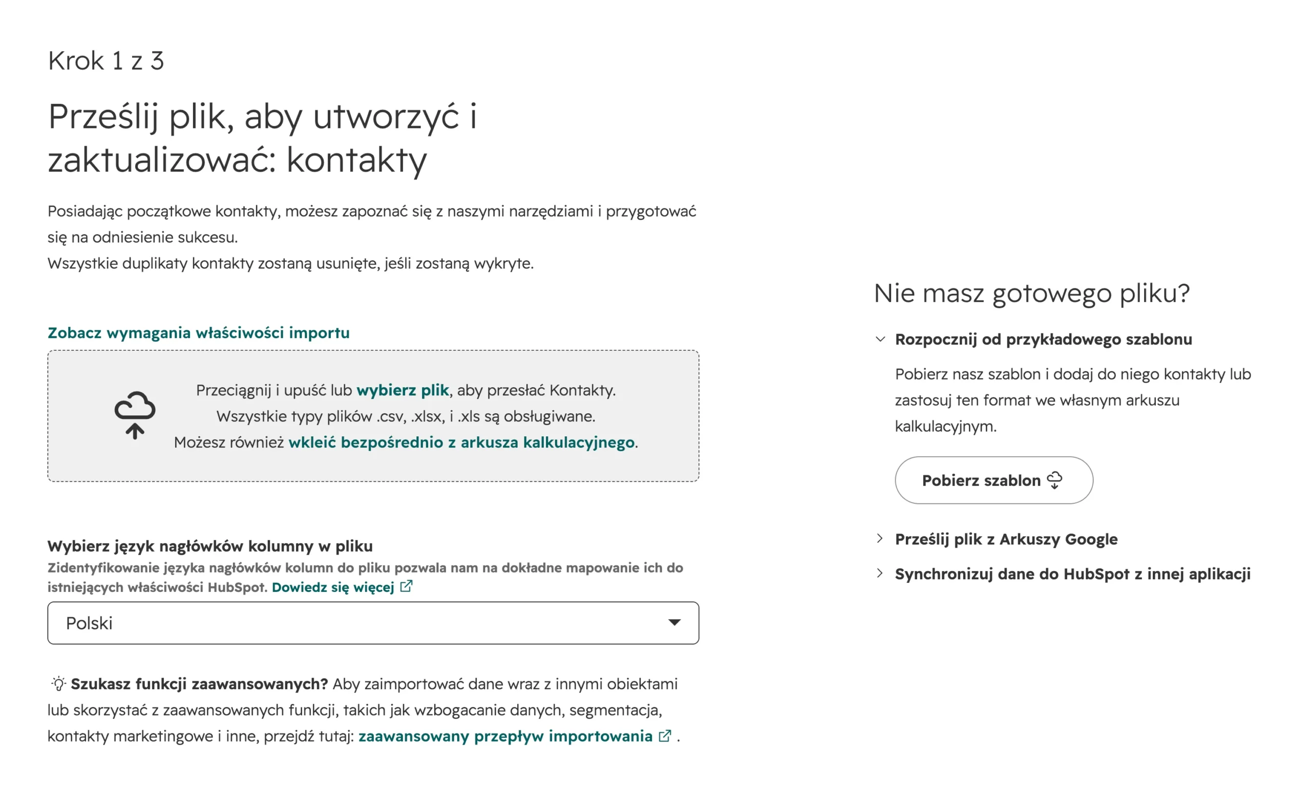 proces importowania kontaktów do hubspot crm za pomocą pliku excel