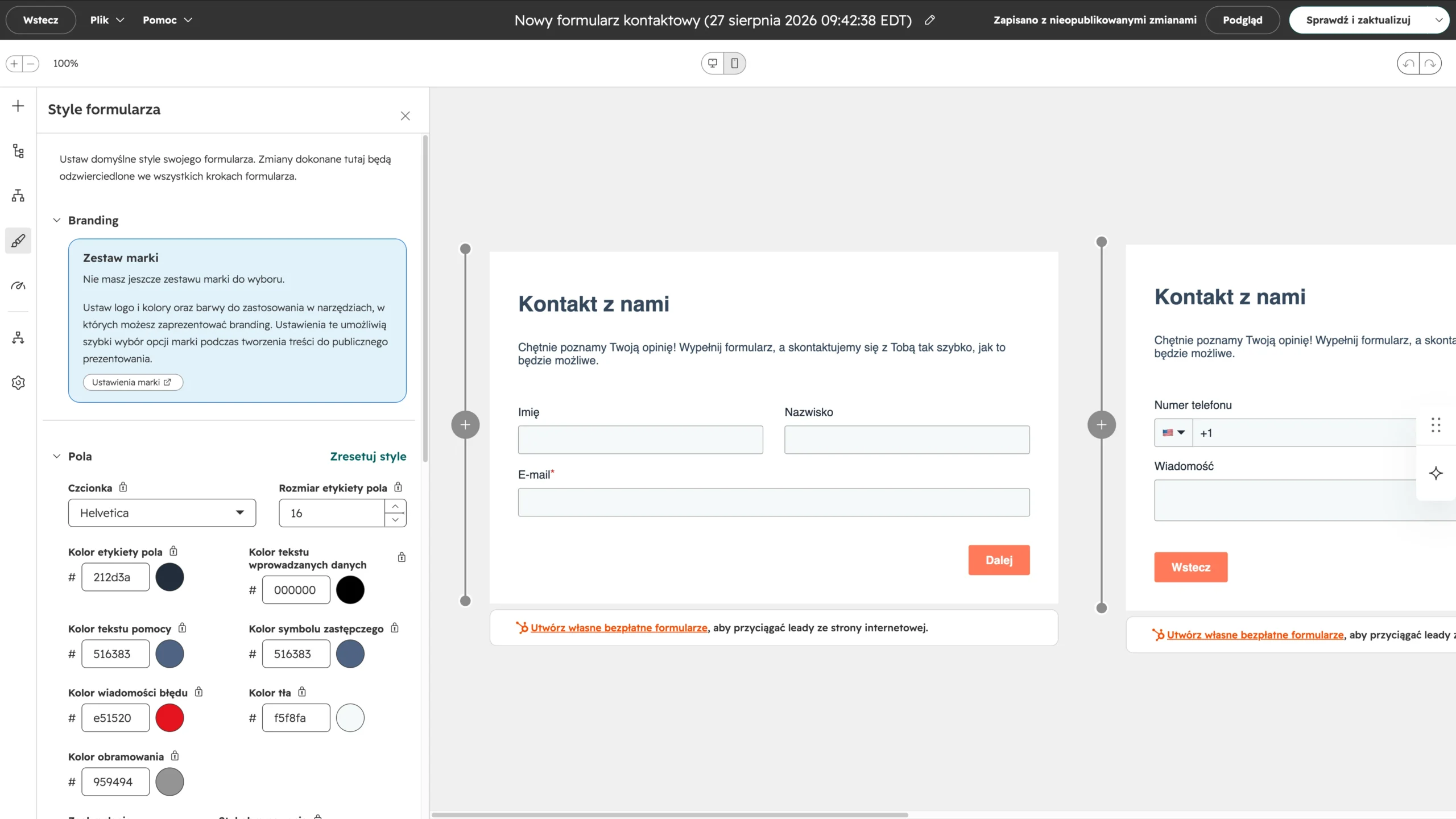 proces tworzenia formularzu do kontaktu w hubspot crm
