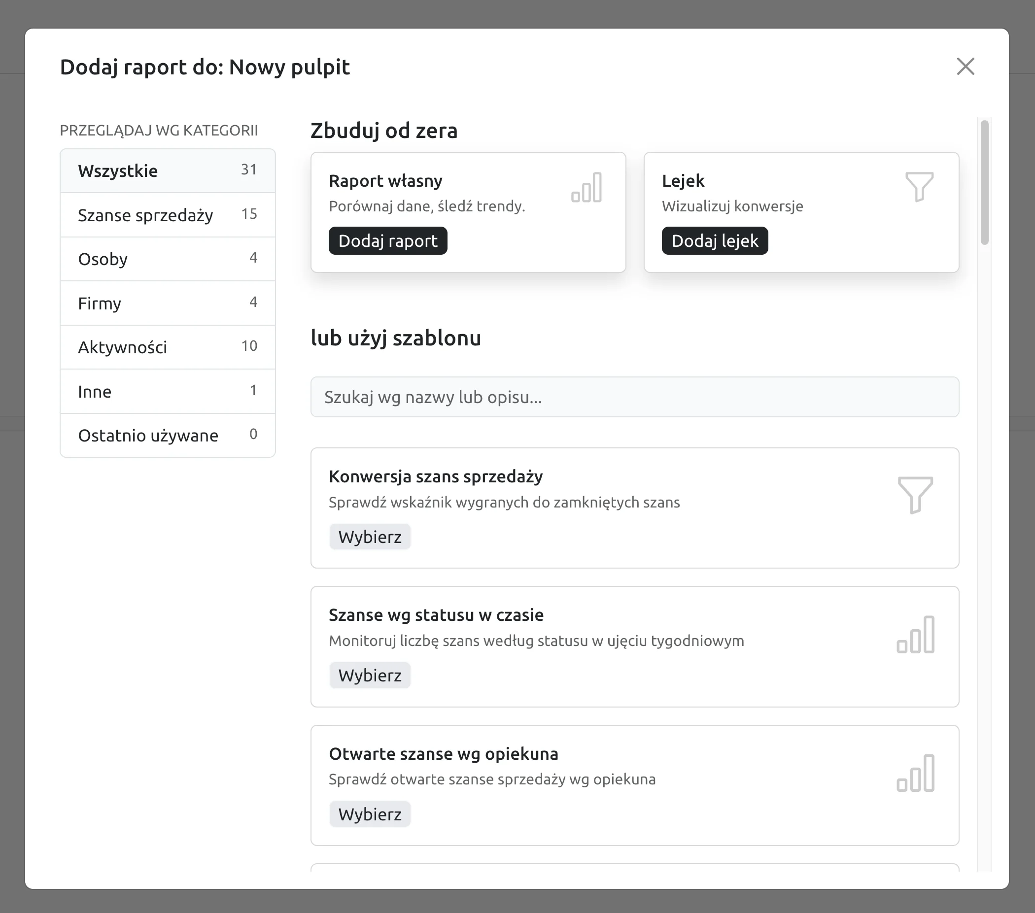 proces tworzenia raportów na własny pulpit w livespace crm - budowanie od zera