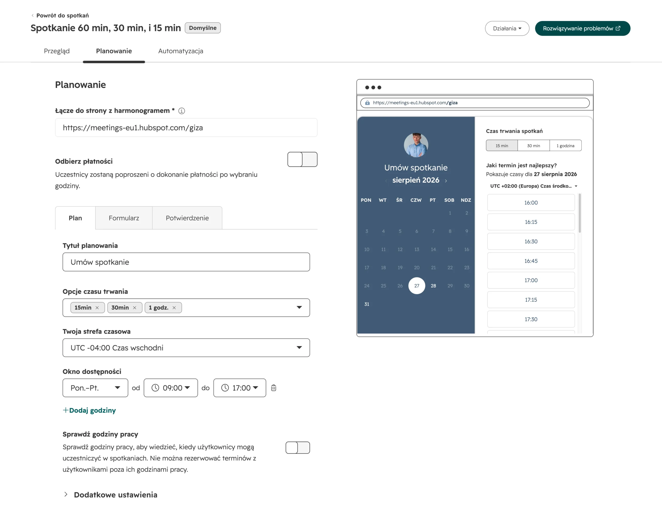 proces tworzenia terminarza spotkań w hubspot crm