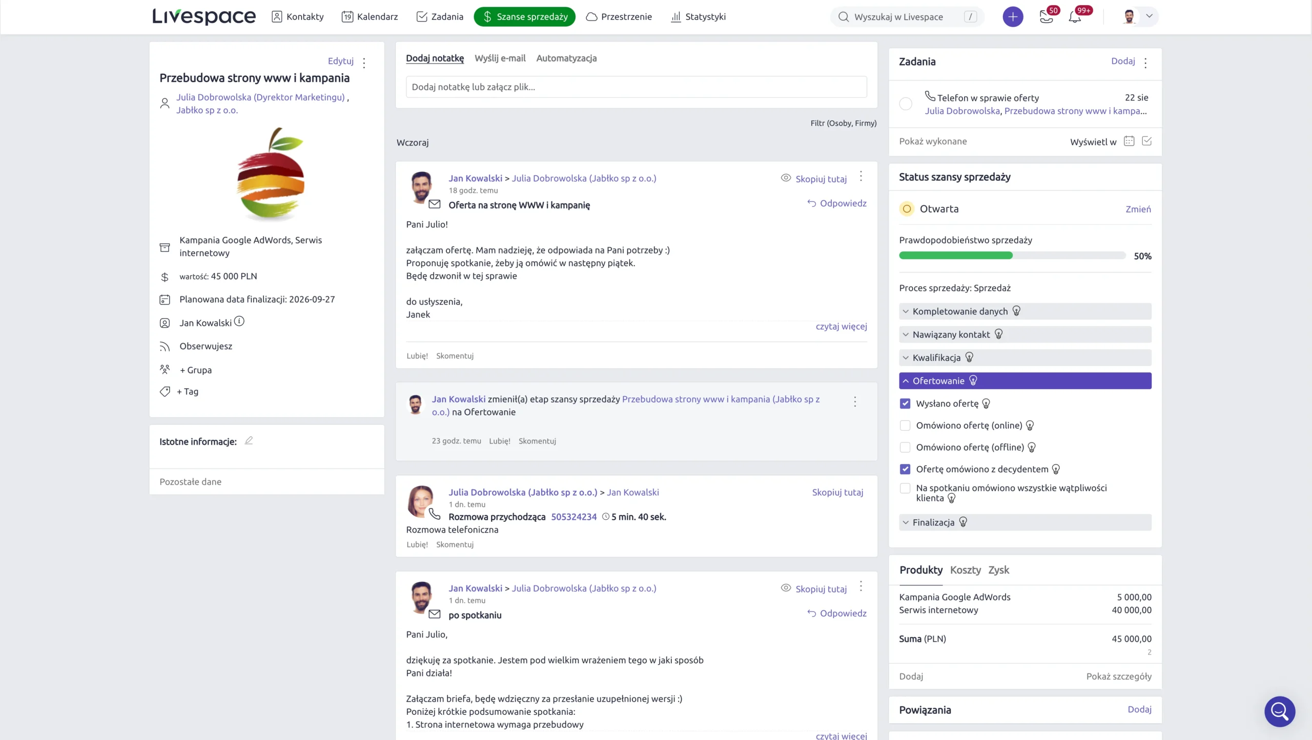 profil przykładowej szansy sprzedażowej w livespace - przebudowa strony www i kampania dla klienta