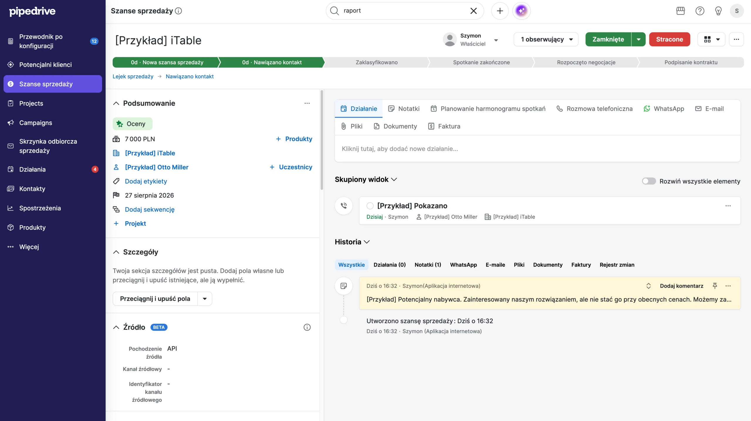 przykładowa szansa sprzedaży w pipedrive crm - kontakt, dane i historia