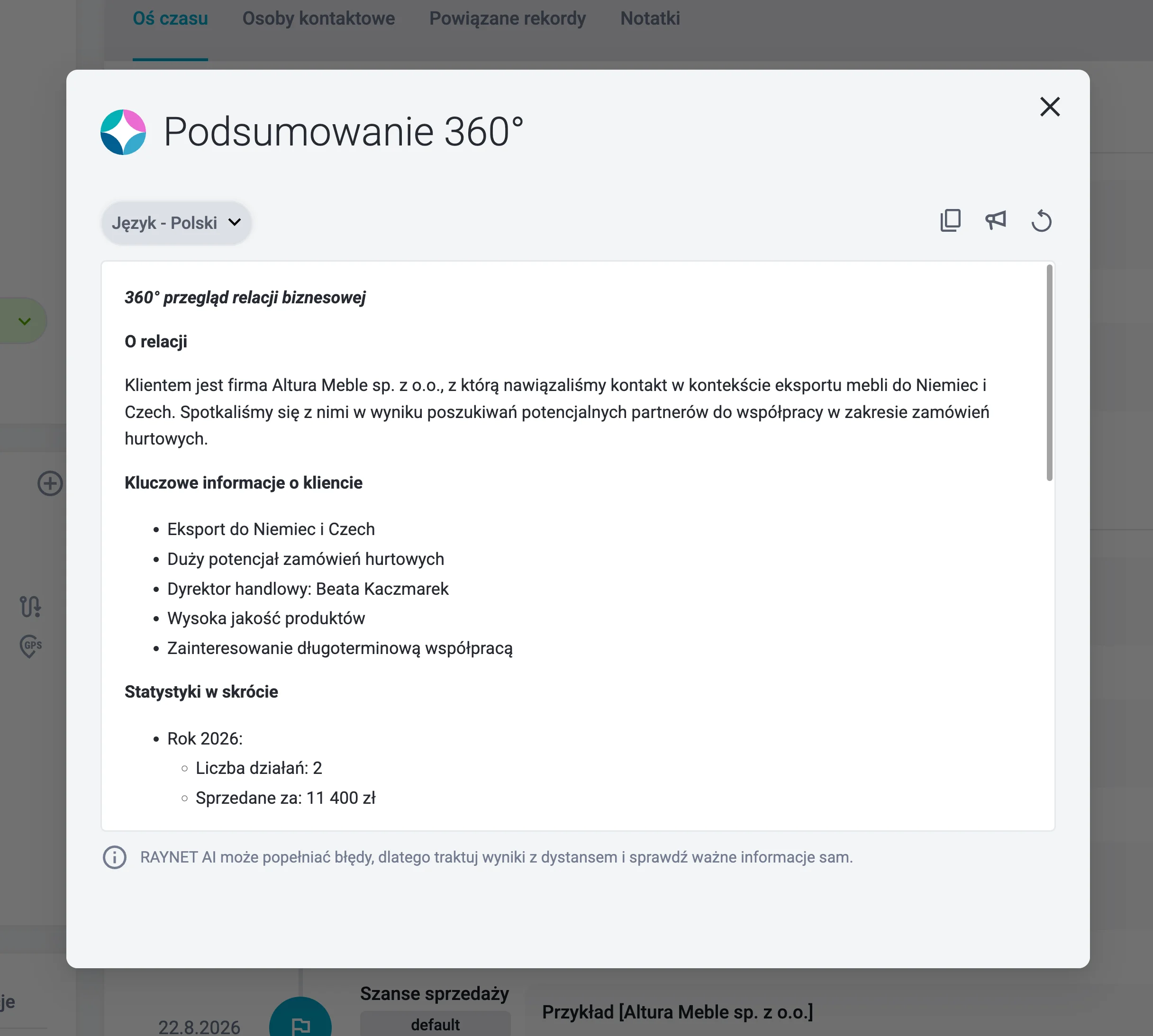przykładowe podsumowanie 360 które wygenerował mi raynet ai dla jednej z moich przykładowych firm