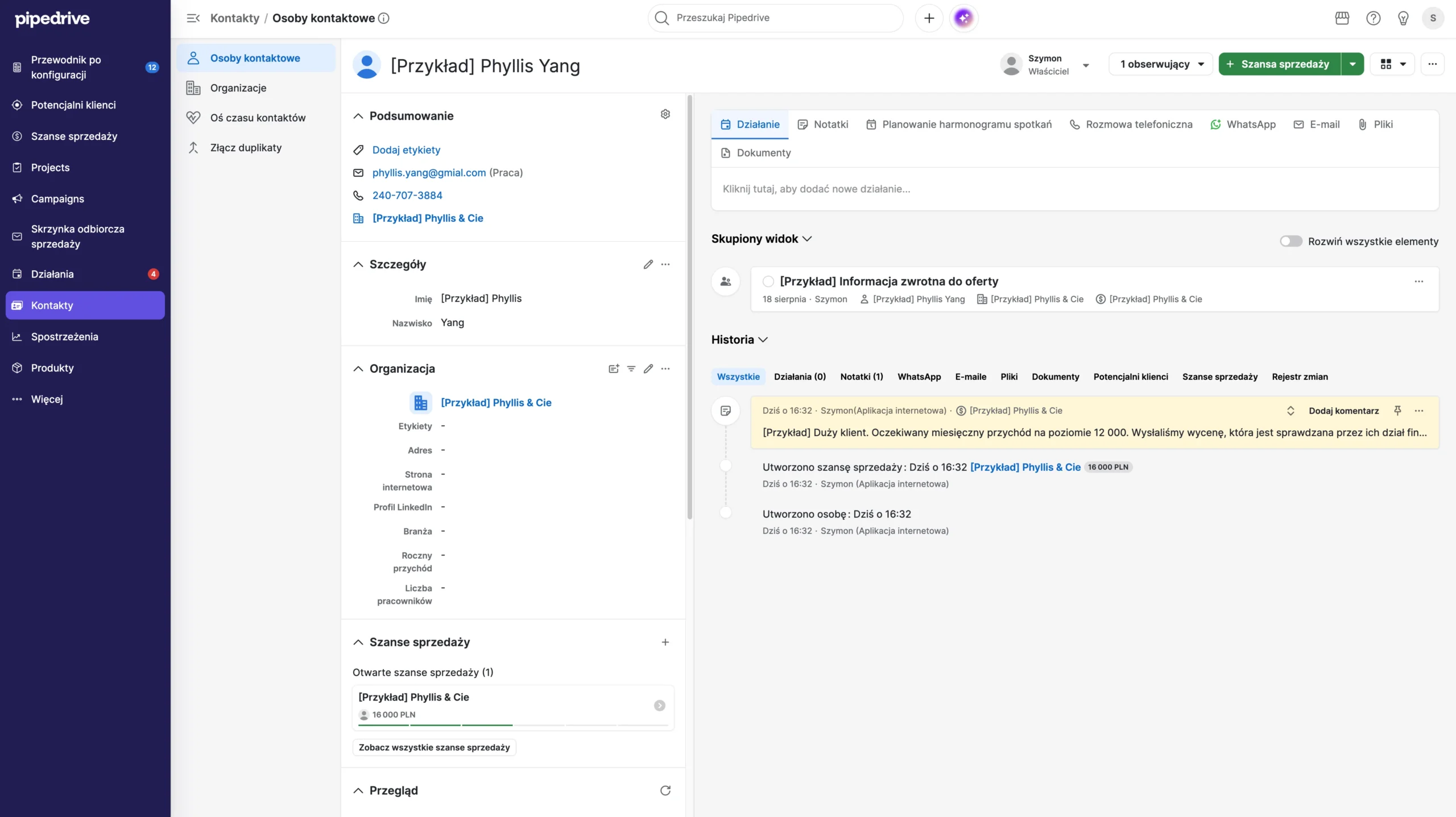 przykładowy profil kontaktu w pipedrive crm