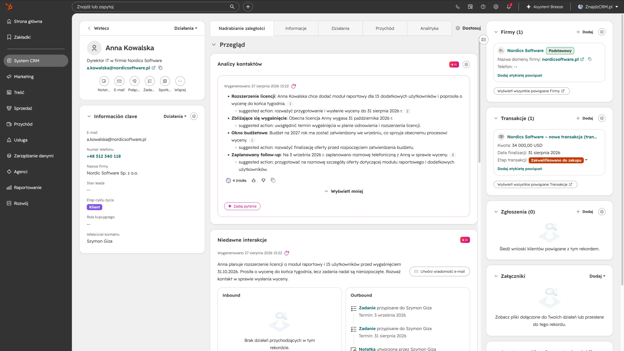 screenshot z karty klienta Nadrabianie zaległości i danymi od AI w hubspot crm
