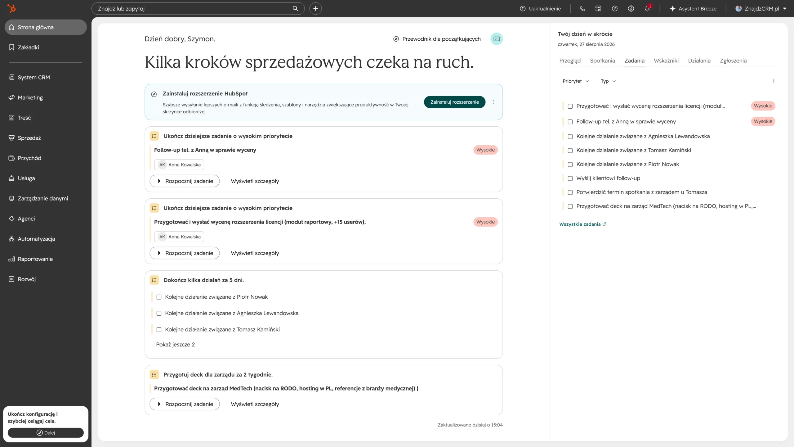 strona główna w hubspot z przykładowanymi danymi