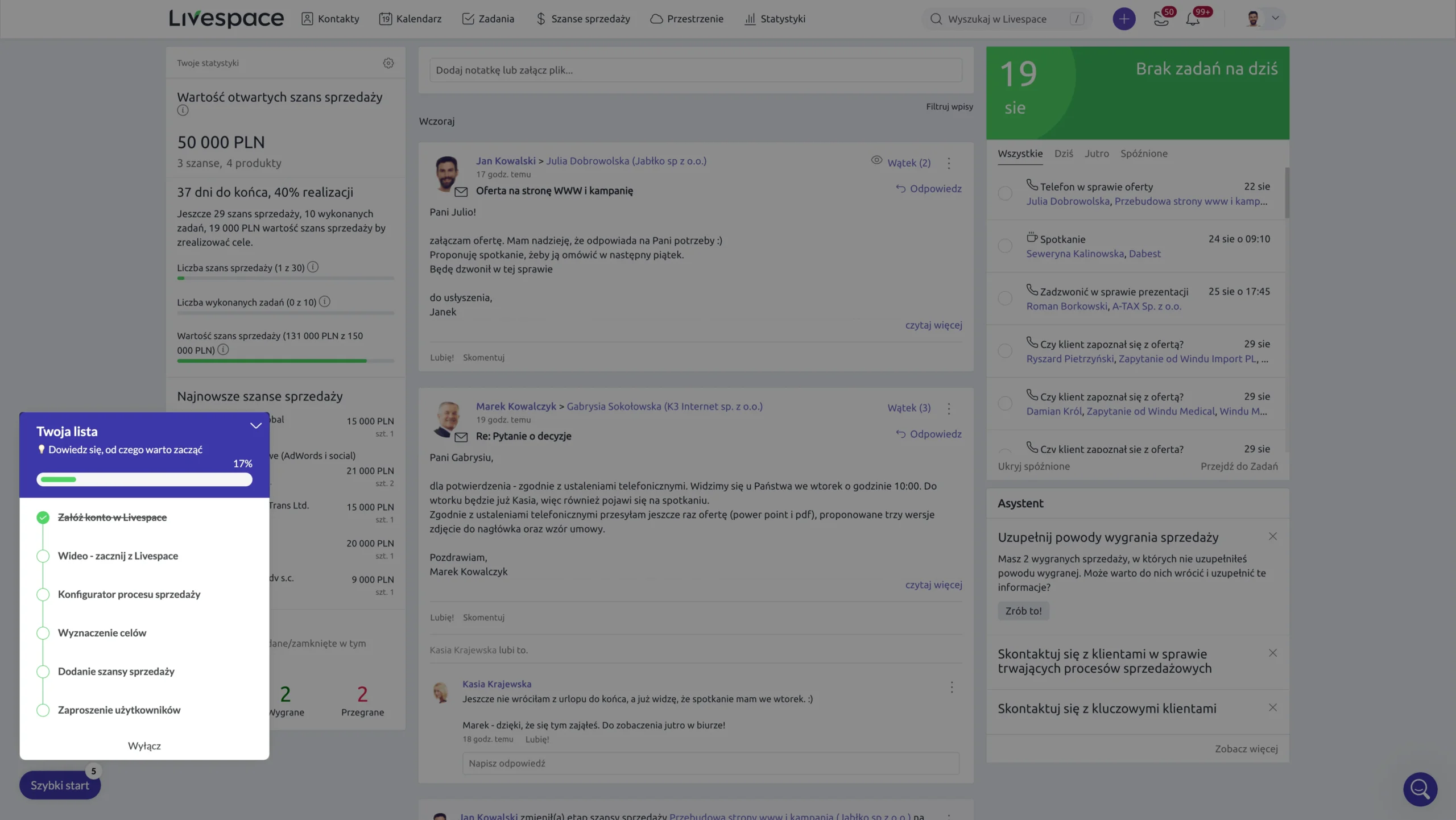 szybki start livespace - okno z listą zadań na początek pracy z systemem crm