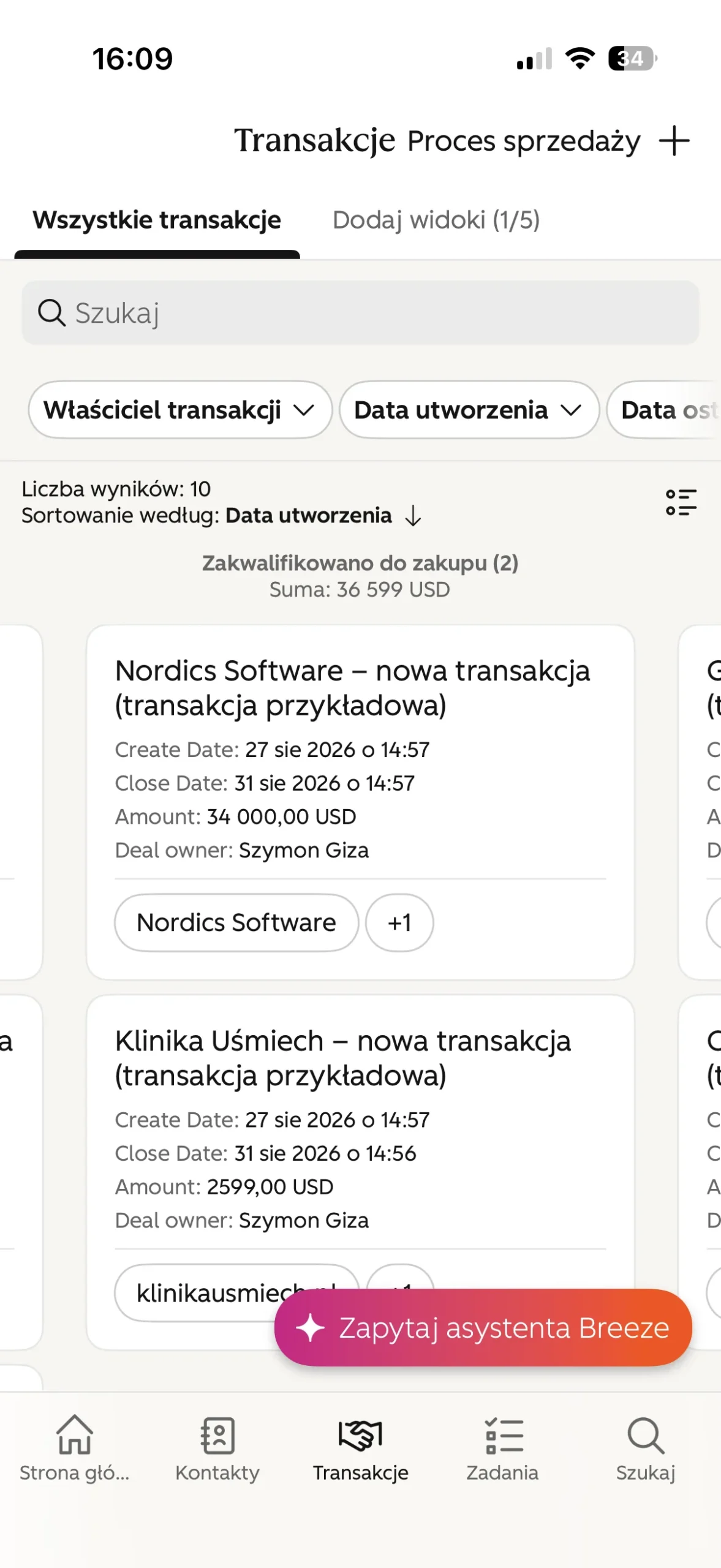 tablica szansy sprzedaży - transakcje - w aplikacji mobilnej hubspot crm