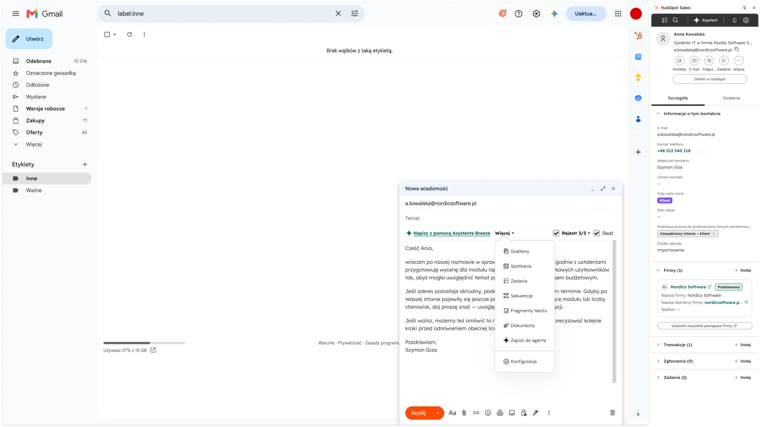 tak działa wtyczka hubspot do przeglądarki - pomoc przy pisaniu e-maili i wszystkie dane o firmie, kontakcie i transakcji dostępne wewnatrz gmail w bocznym panelu po prawej stronie