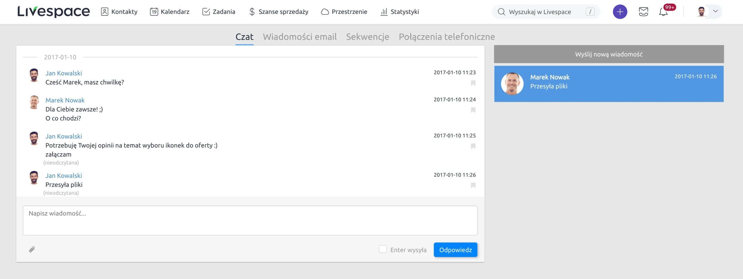 tak wygląda czat firmowy wewnętrzny w systemie livespace crm