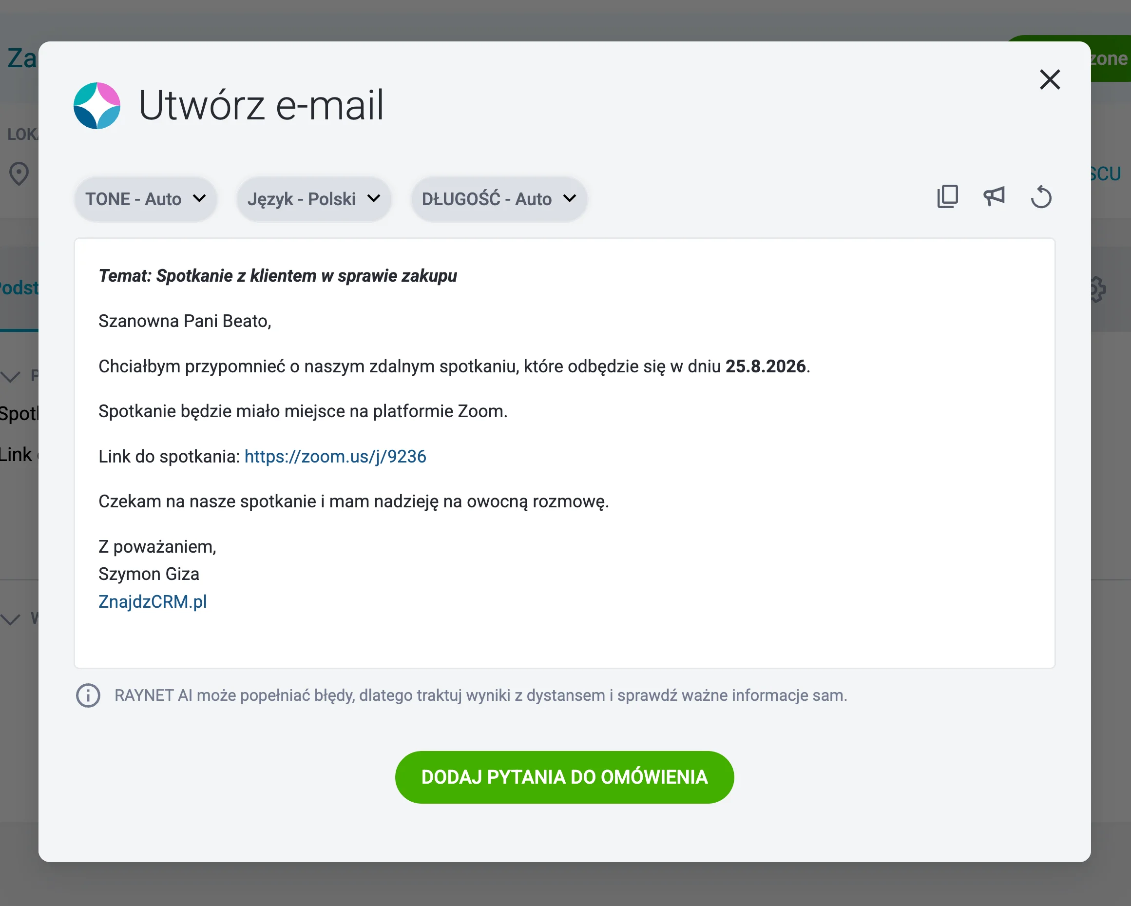 tak wygląda e-mail wygenerowany przy użyciu raynet ai - użyłem funkcji utwórz email