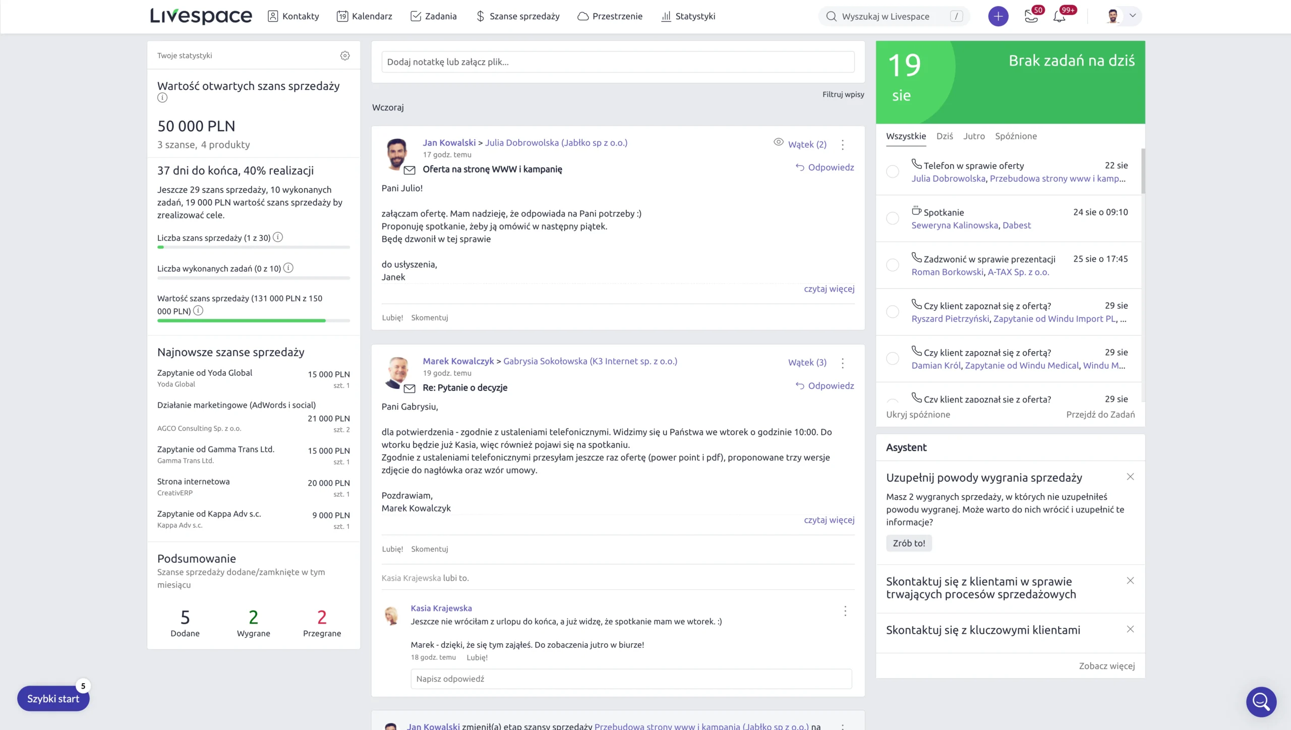 tak wygląda główny pulpit livespace crm