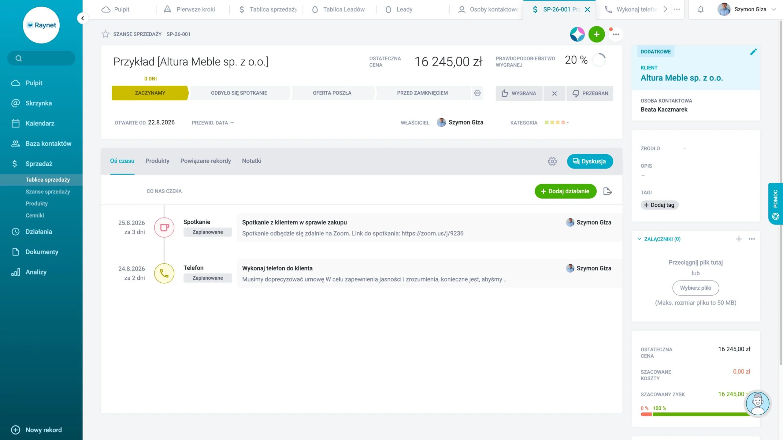 tak wygląda karta szansy sprzedaży mojego przykładowego klienta w raynet crm