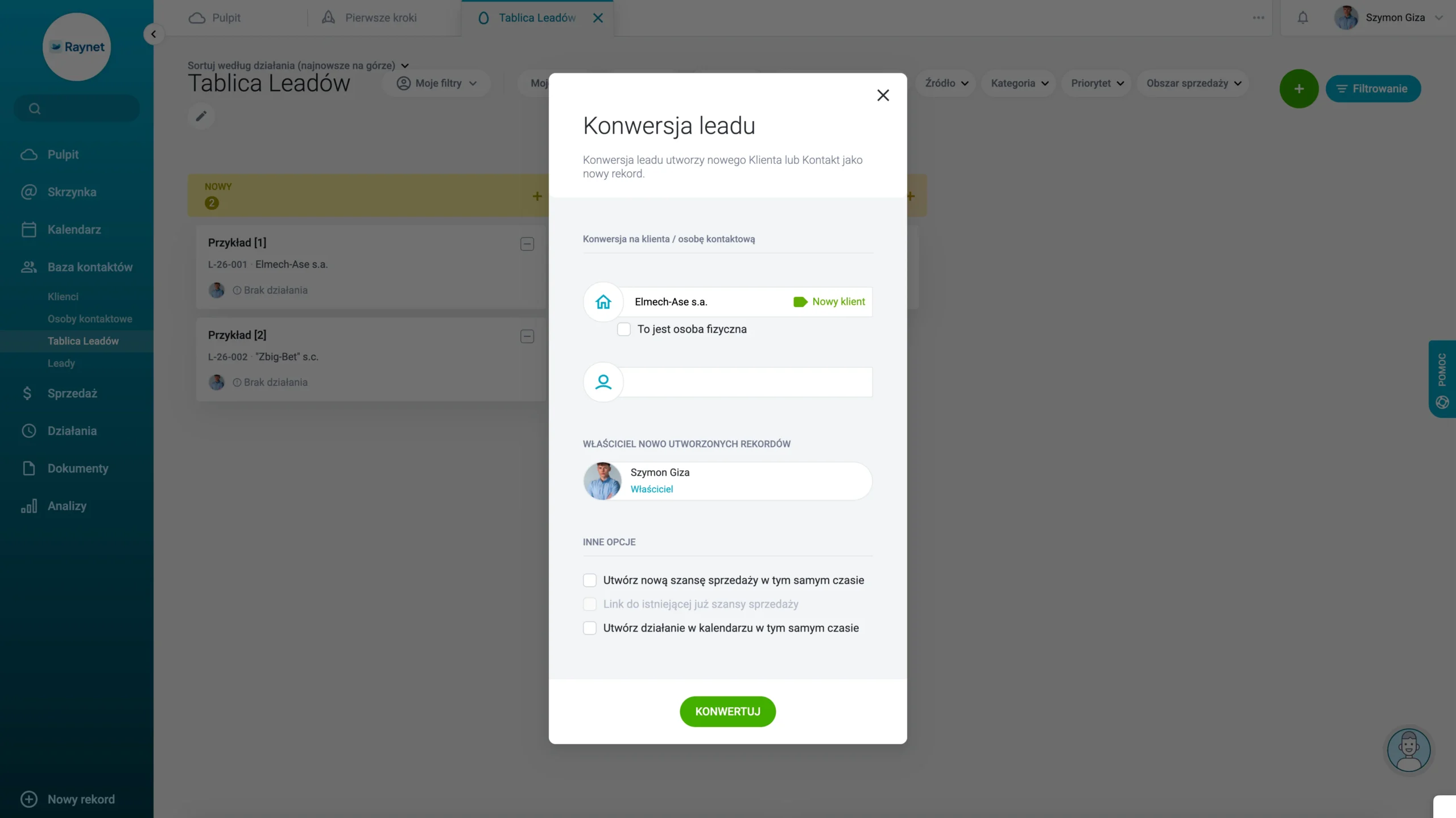 tak wygląda konwersja leadu na nowego klienta lub kontakt jako nowy rekord w systemie crm od raynet