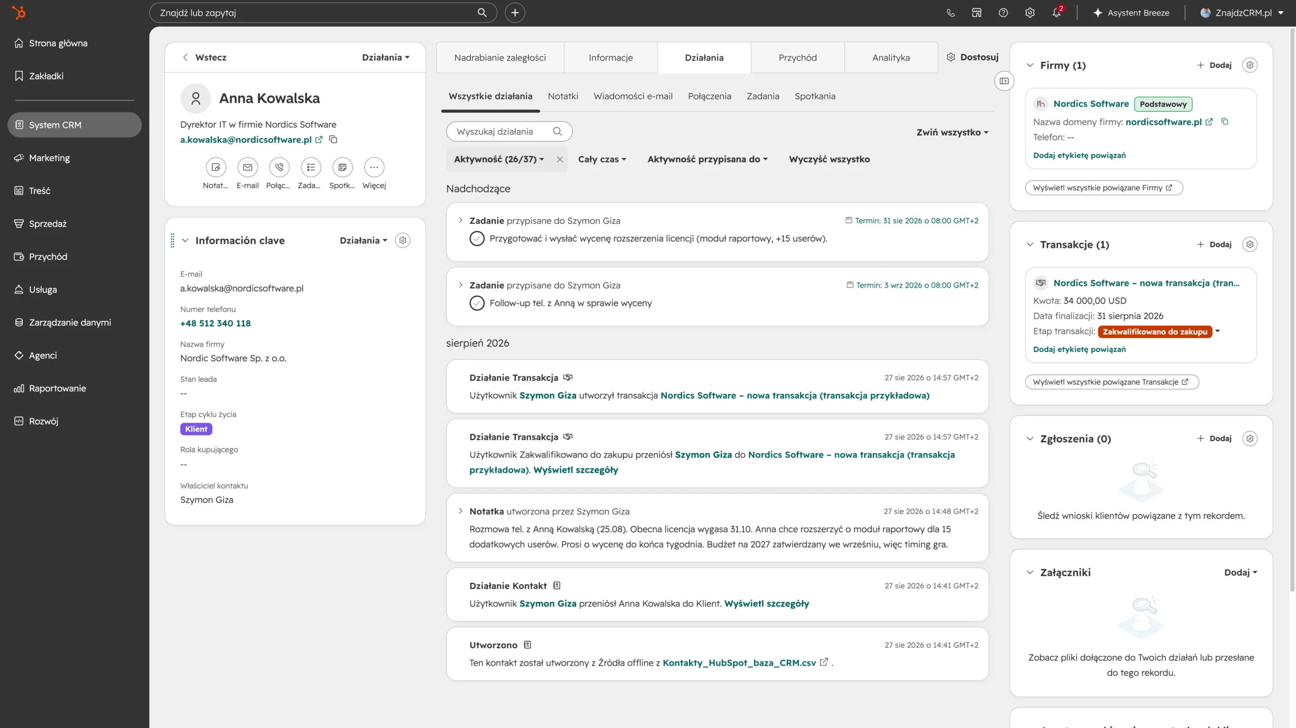 tak wygląda moja przykładowa karta profilu klienta w hubspot crm