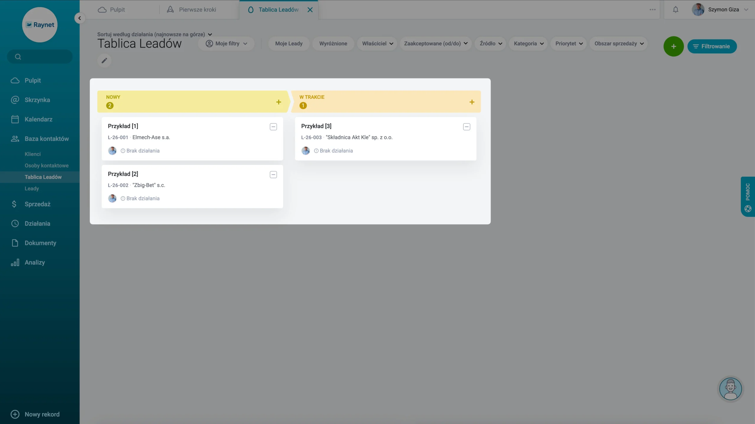 tak wygląda moja tablica leadów w raynet crm
