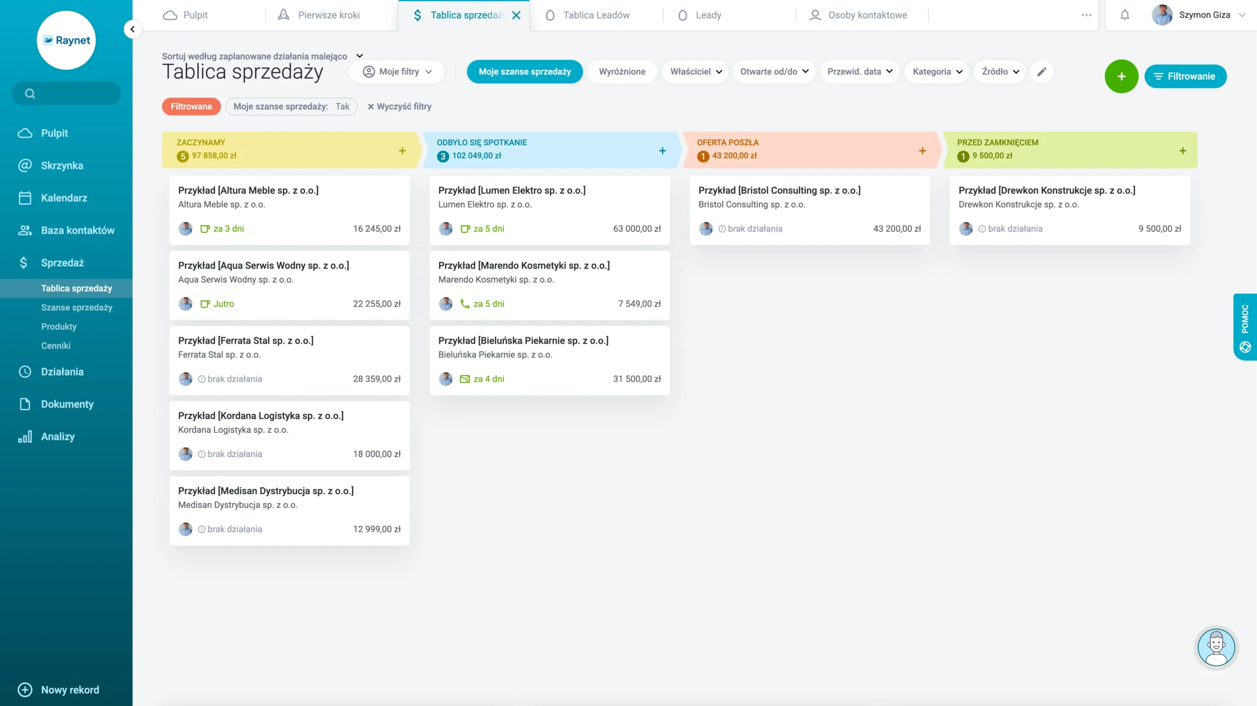 tak wygląda moja tablica sprzedaży w raynet crm - widok kanban