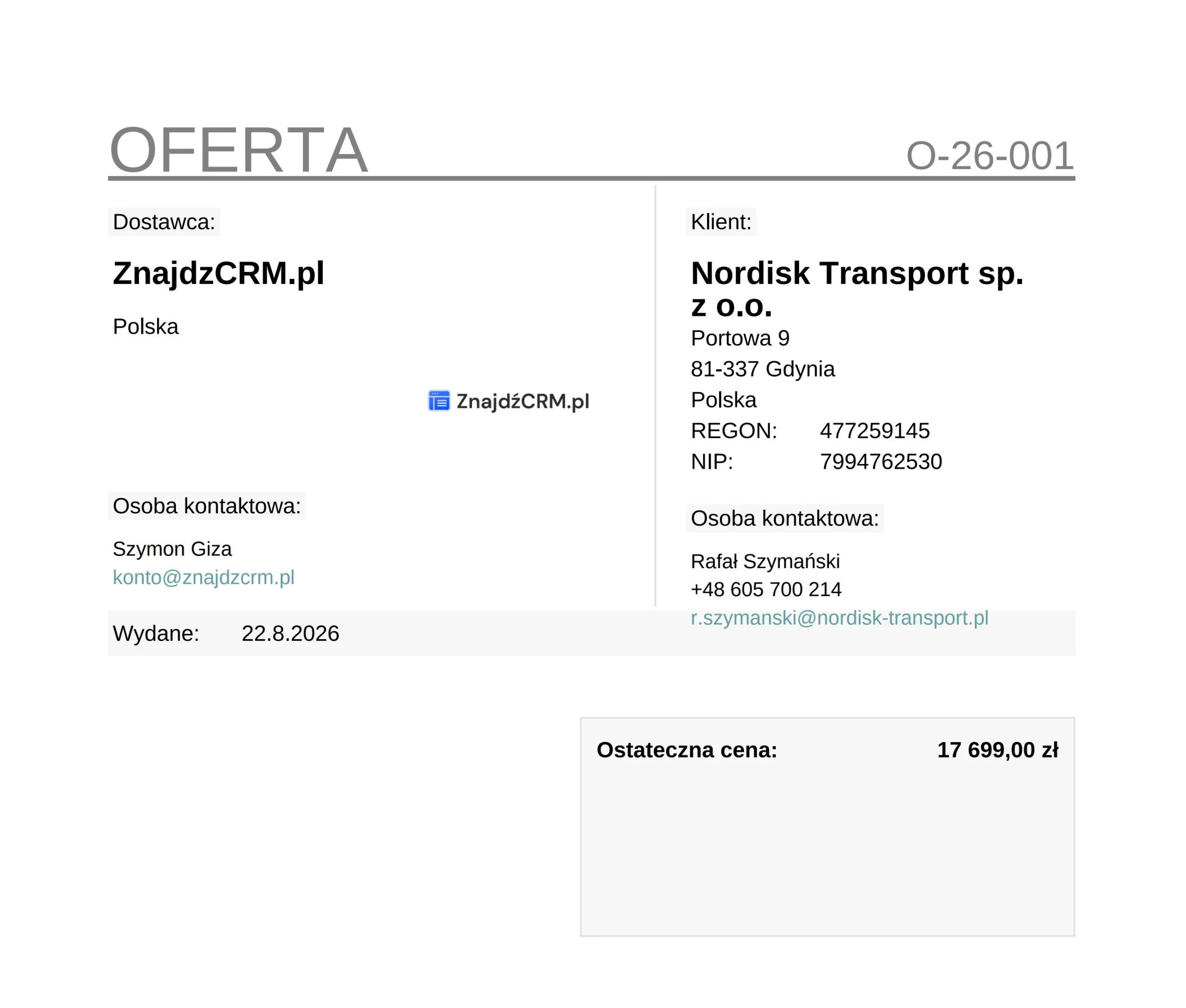 tak wygląda oferta wygenerowana w raynet crm - przykładowa prosta
