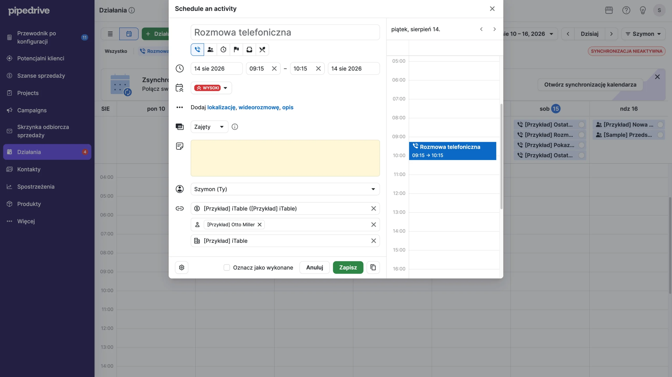 tworzenie przykładowego działania w systemie pipedrive crm