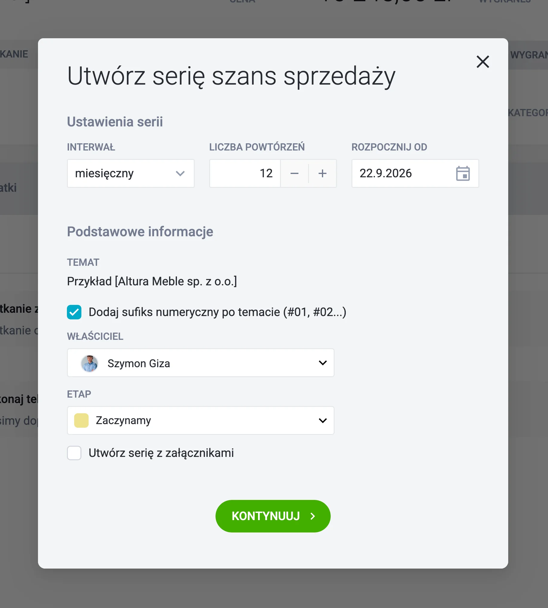 tworzenie serii szans sprzedaży w raynet crm