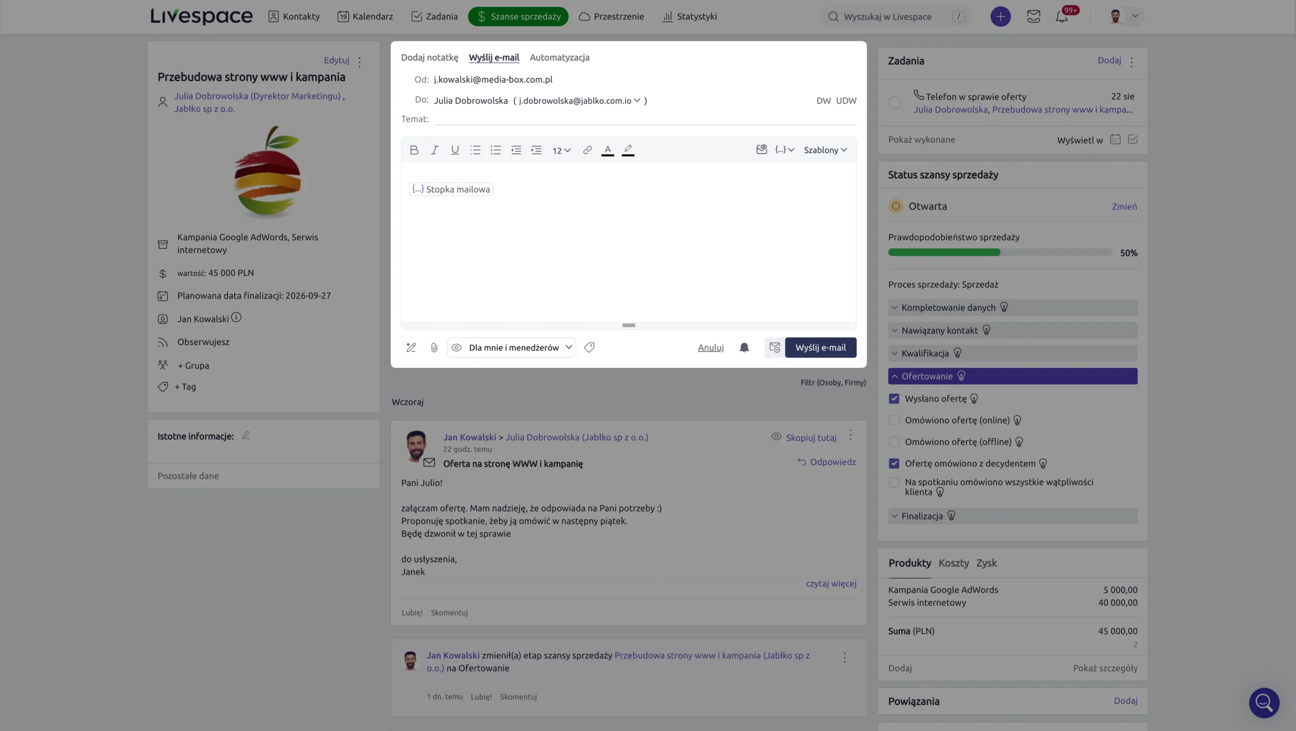 tworzenie wiadomości e-mail bezpośrednio z konta livespace z profilu szansy sprzedaży