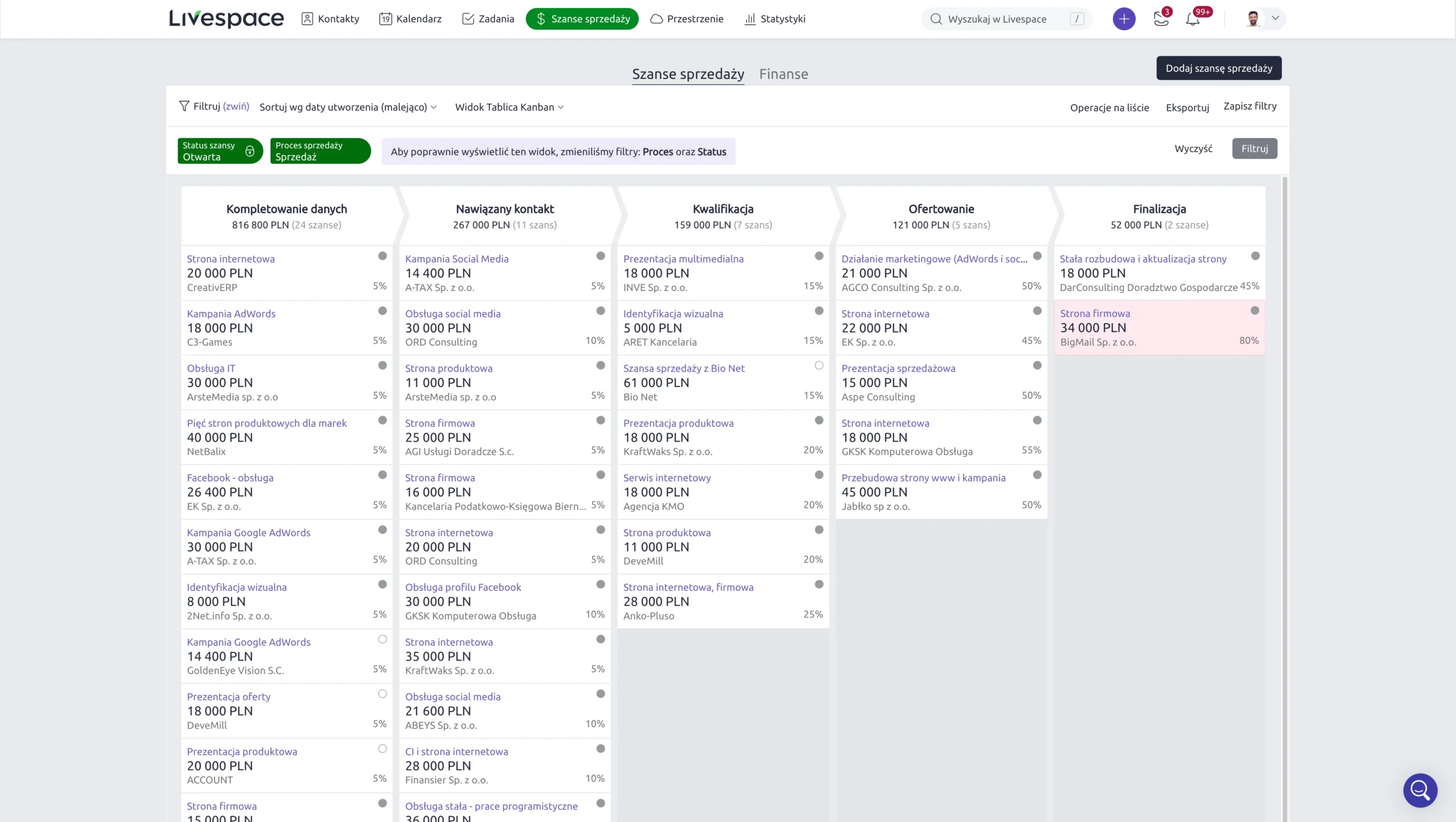 widok szans sprzedaży livespace jako tablica kanban