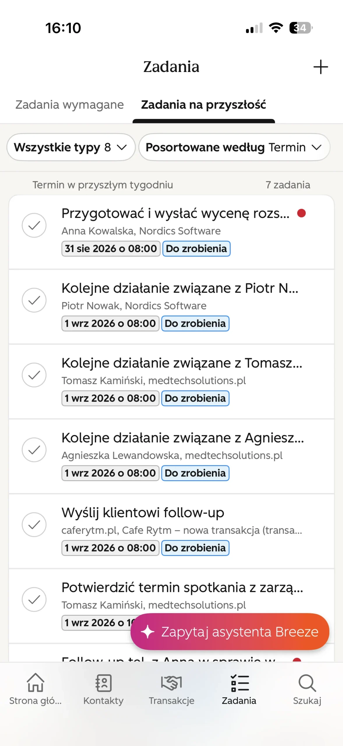zakładka zadania w aplikacji mobilnej hubspot