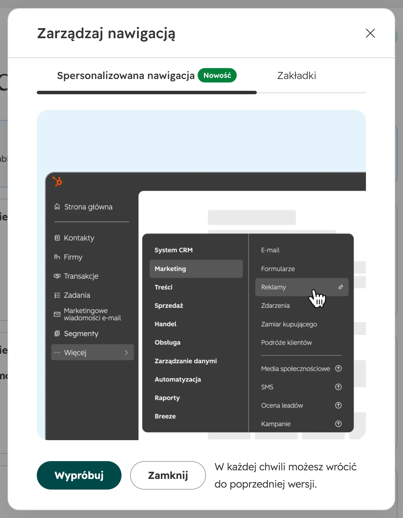 zarządzanie nawigacją w hubspot crm - spersonalizowana nawigacja - ustawienia