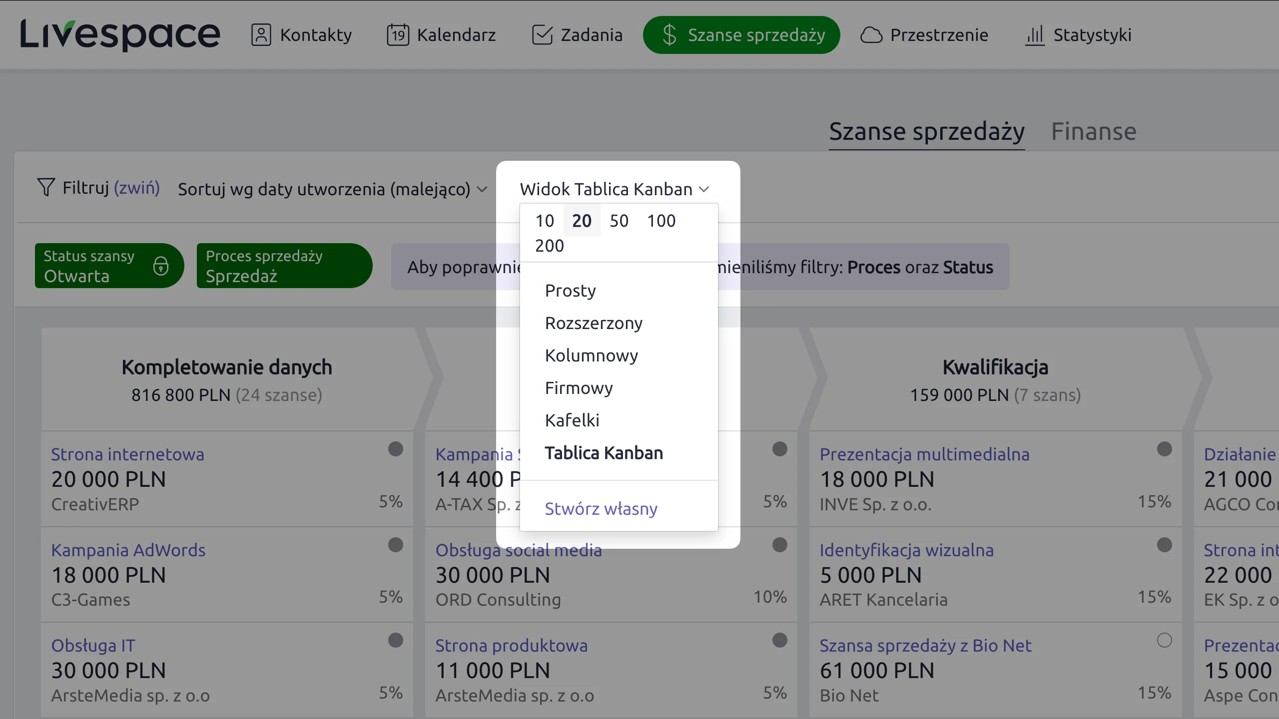zmiana widoku szans sprzedaży w livespace - opcje do wyboru