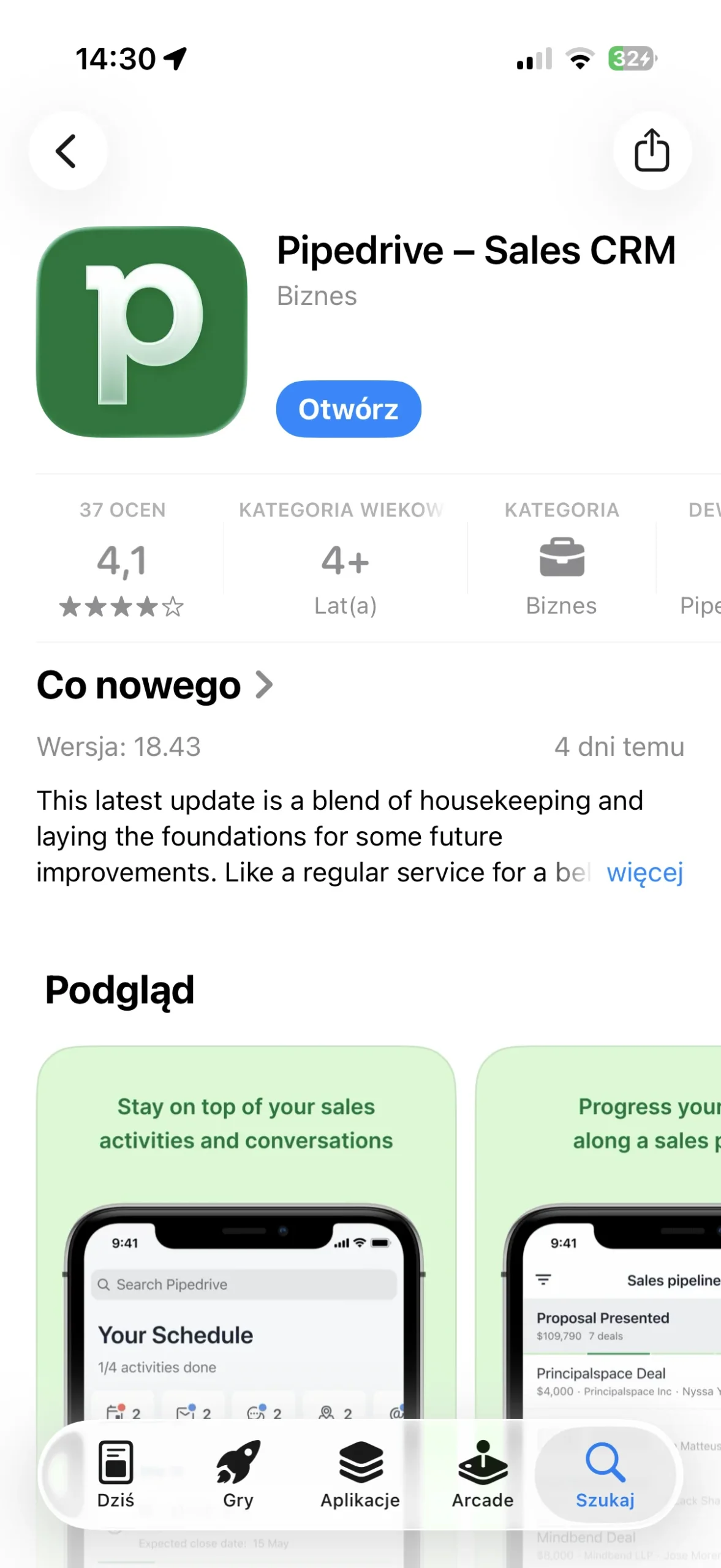 aplikacja mobilna pipedrive w appstore